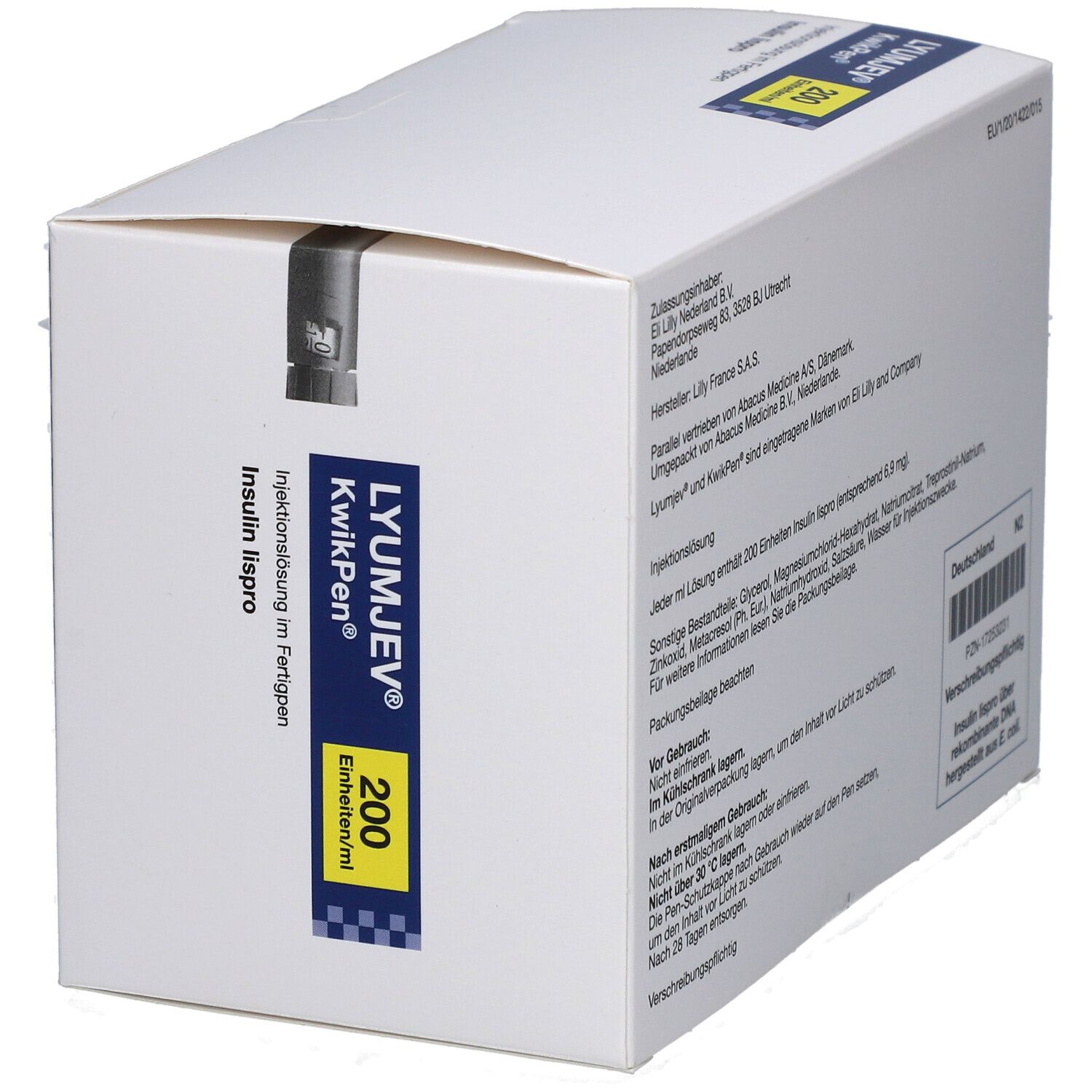 Karton LYUMJEV KwikPen, 200 Einheiten/ml. Insulin lispro. Informationen zu Hersteller und Inhaltsstoffen.