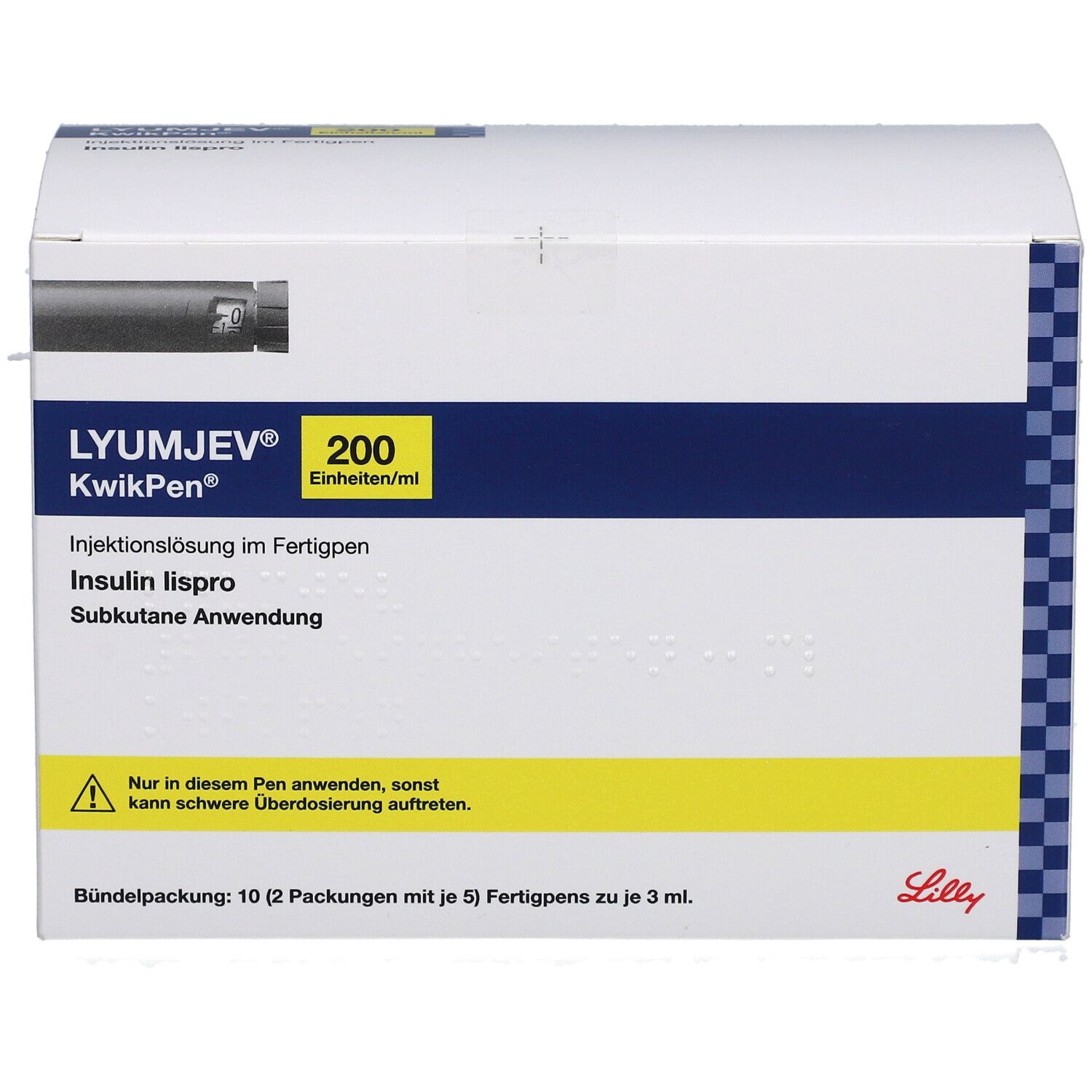 Karton LYUMJEV KwikPen, 200 Einheiten/ml. Insulin lispro. Warnhinweis: Nur in diesem Pen anwenden.