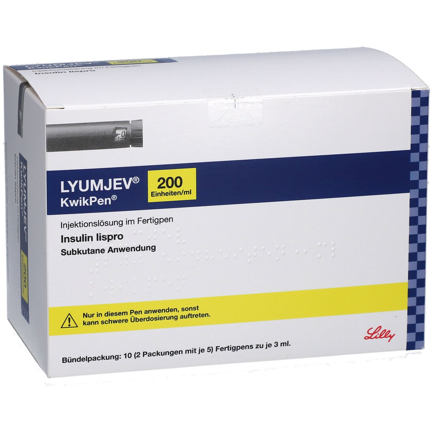 Karton LYUMJEV KwikPen, 200 Einheiten/ml. Insulin lispro. Bündelpackung mit 10 Fertigpens.