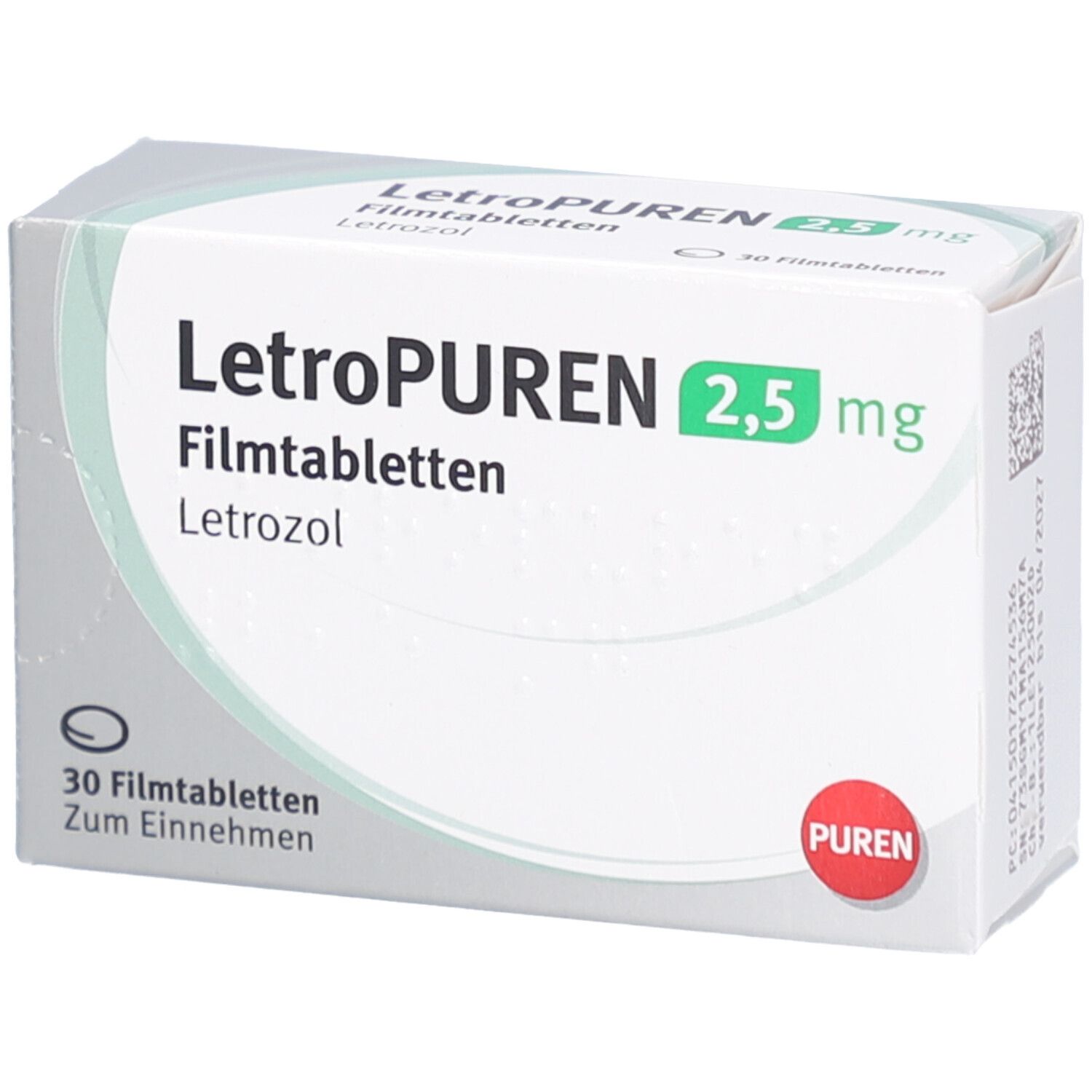 Schachtel mit LETROPUREN 2,5 mg Filmtabletten. Aufschrift: Letrozol, 30 Filmtabletten. Logo PUREN.