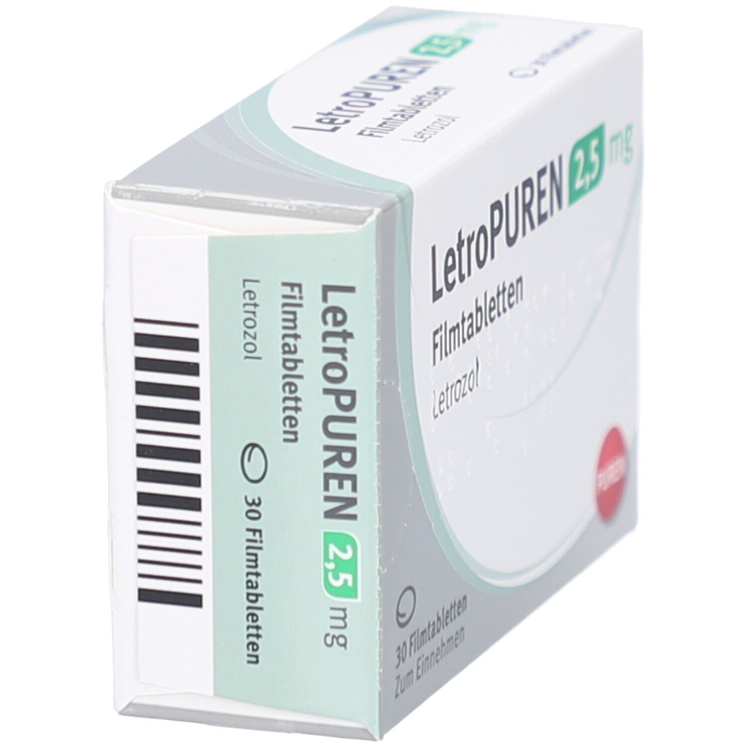 Schachtel LETROPUREN 2,5 mg Filmtabletten, schräg. Aufschrift: Letrozol, 30 Filmtabletten. Logo PUREN. Barcode.