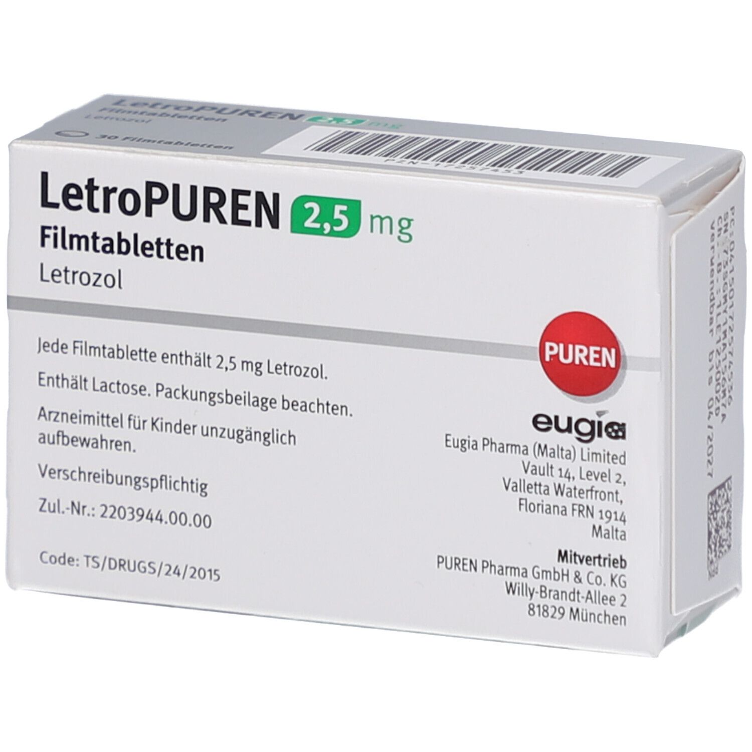 Schachtel LETROPUREN 2,5 mg Filmtabletten. Aufschrift: Letrozol, 30 Filmtabletten. Logo PUREN, eugia. Zusätzliche Informationen.