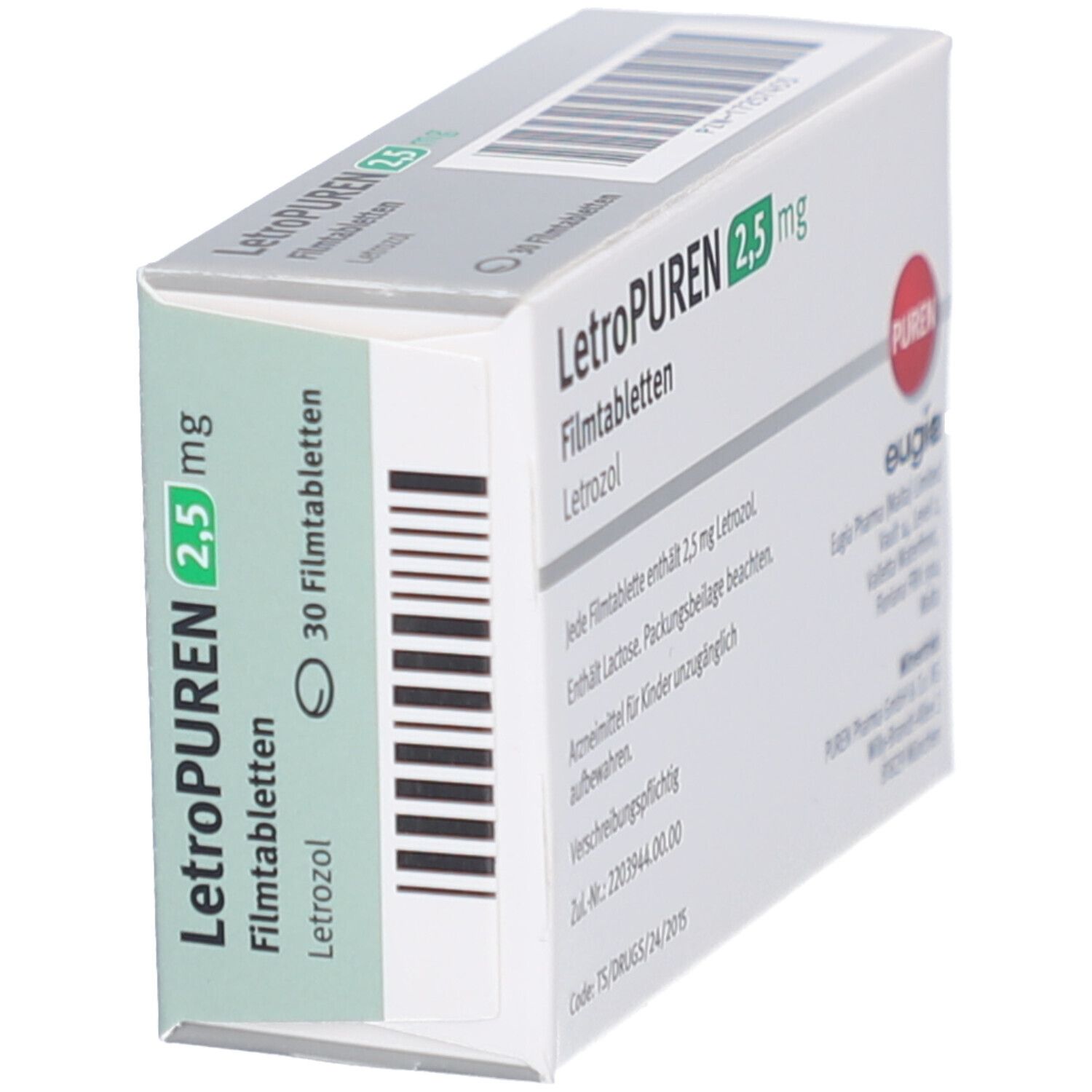 Schachtel LETROPUREN 2,5 mg Filmtabletten, schräg. Aufschrift: Letrozol, 30 Filmtabletten. Logo PUREN, eugia. Details.