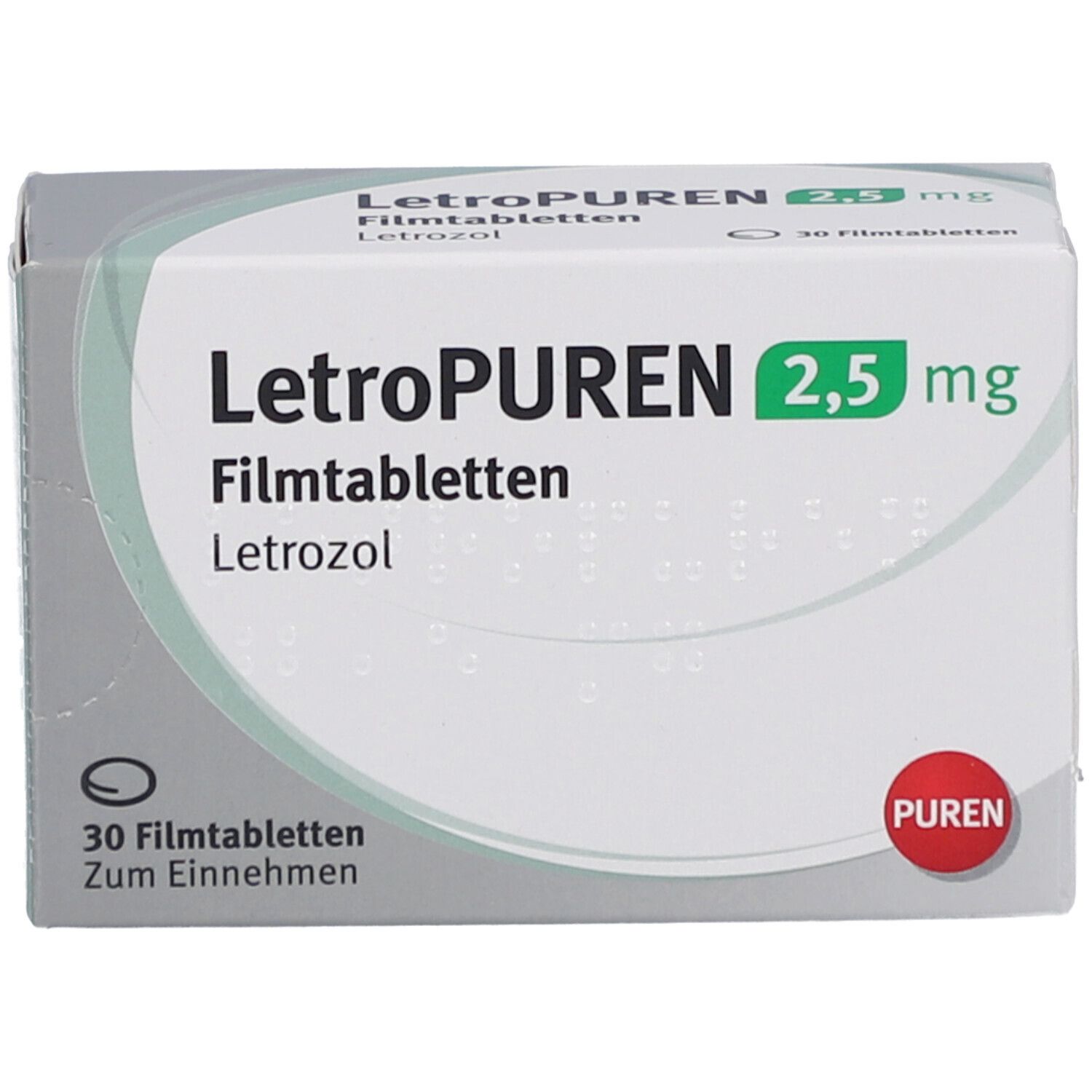 Schachtel LETROPUREN 2,5 mg Filmtabletten. Aufschrift: Letrozol, 30 Filmtabletten. Logo PUREN. Grauer Hintergrund.