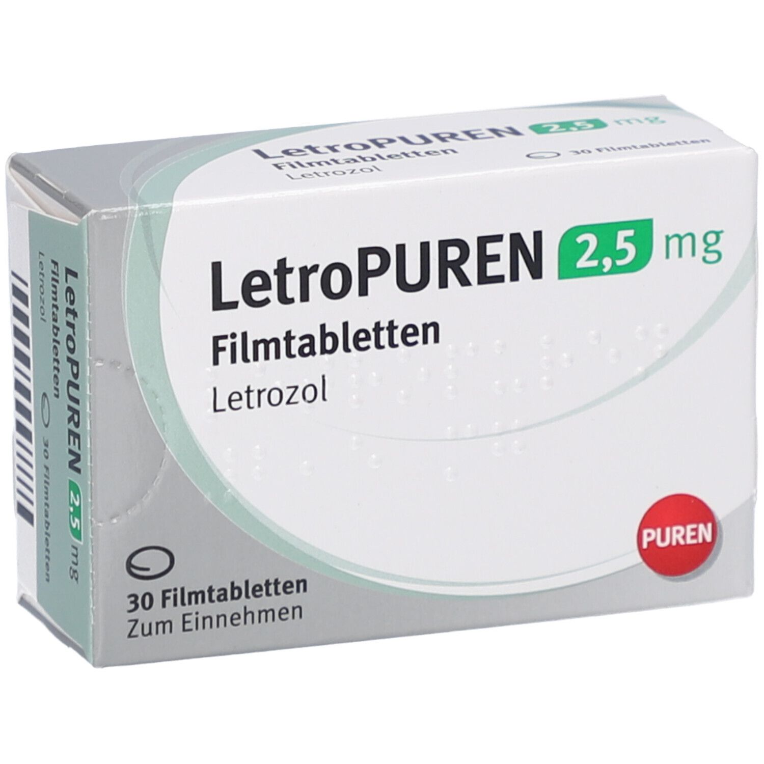 Schachtel LETROPUREN 2,5 mg Filmtabletten. Aufschrift: Letrozol, 30 Filmtabletten. Logo PUREN. Grauer Hintergrund.