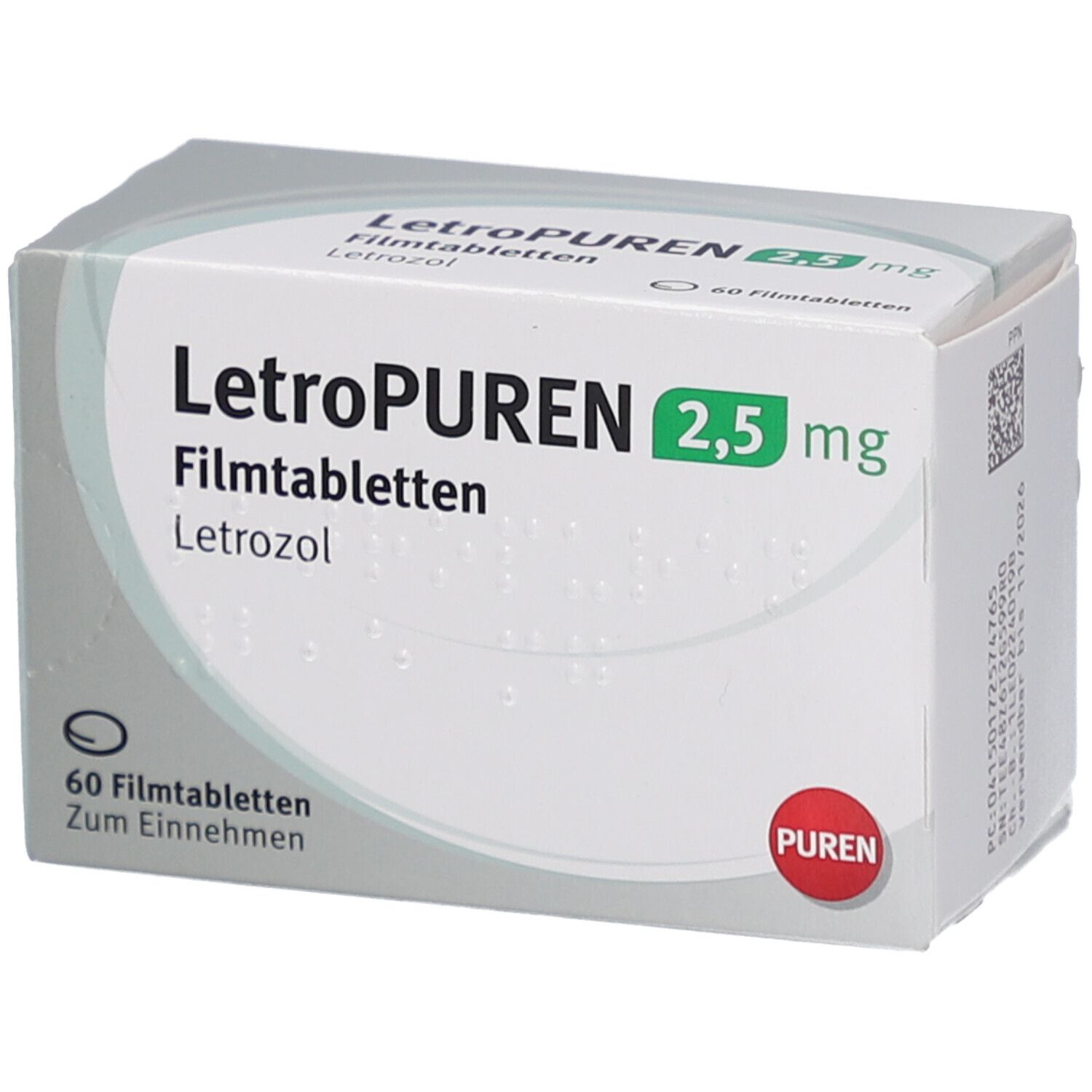 Schachtel LETROPUREN 2,5 mg Filmtabletten. Aufschrift: 60 Filmtabletten, PUREN. Produktname und Dosierung deutlich sichtbar.
