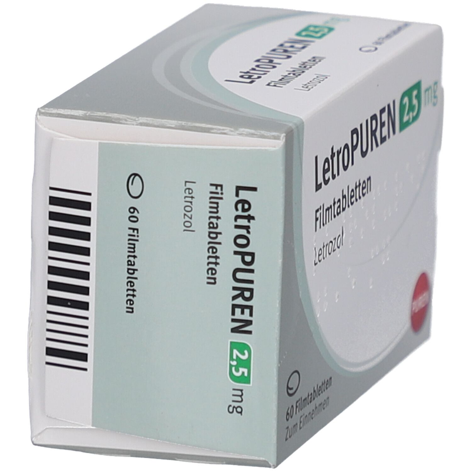 Schachtel LETROPUREN 2,5 mg Filmtabletten. Seitenansicht mit Produktnamen, Dosierung und Packungsinhalt: 60 Filmtabletten.
