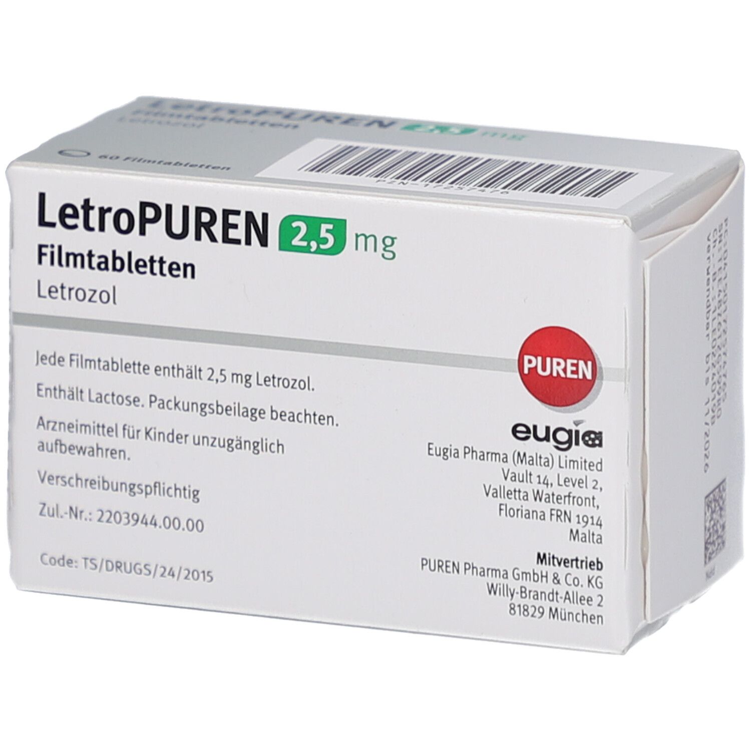 Schachtel LETROPUREN 2,5 mg Filmtabletten. Aufschrift: 60 Filmtabletten, PUREN, EGIS Pharma. Produktname und Dosierung.