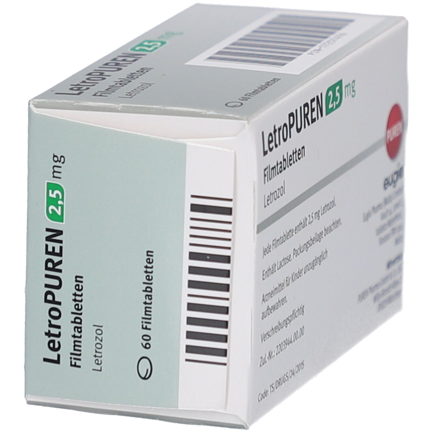 Schachtel LETROPUREN 2,5 mg Filmtabletten. Seitenansicht mit Produktnamen, Dosierung und Packungsinhalt: 60 Filmtabletten.