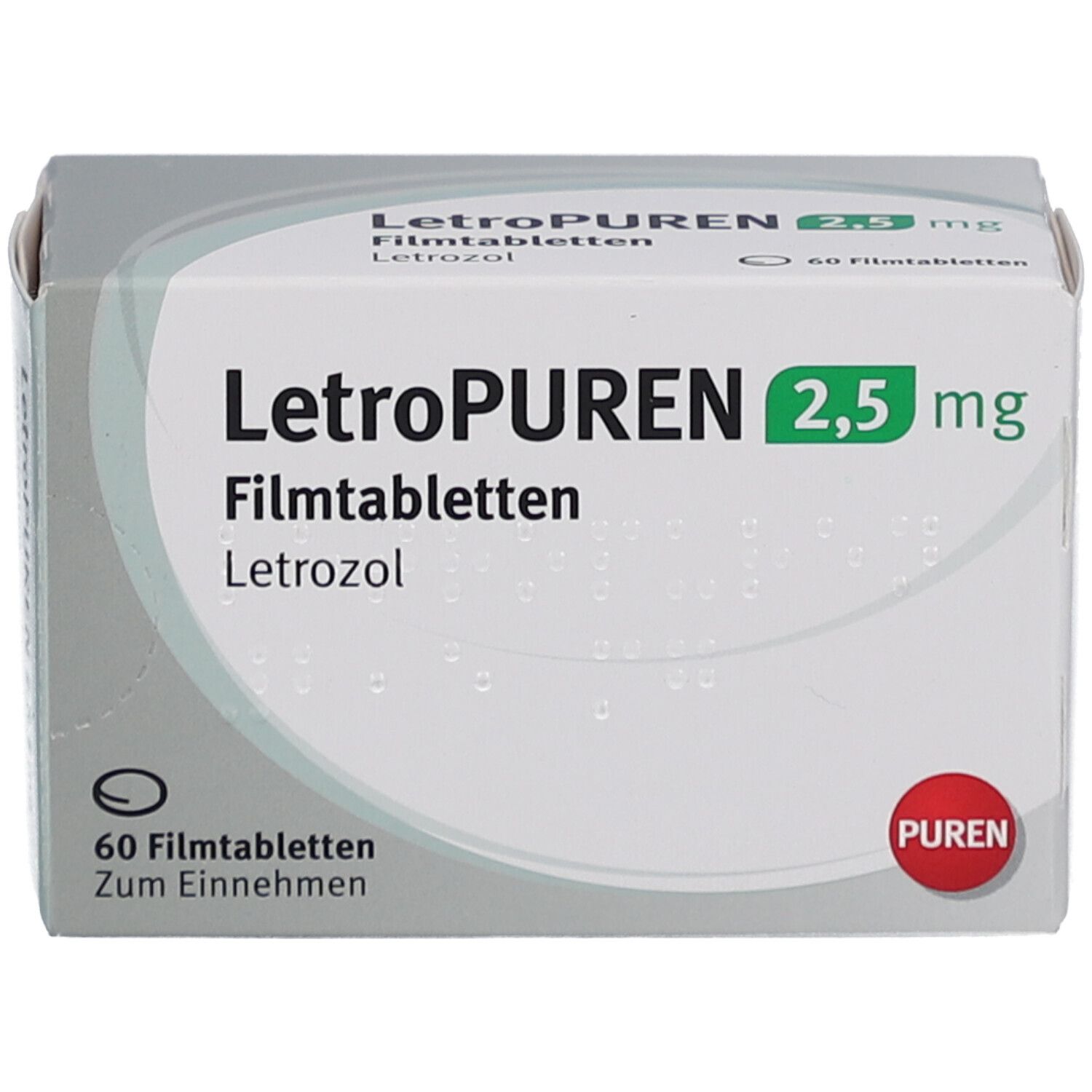 Schachtel LETROPUREN 2,5 mg Filmtabletten. Aufschrift: 60 Filmtabletten, PUREN. Produktname und Dosierung deutlich sichtbar.