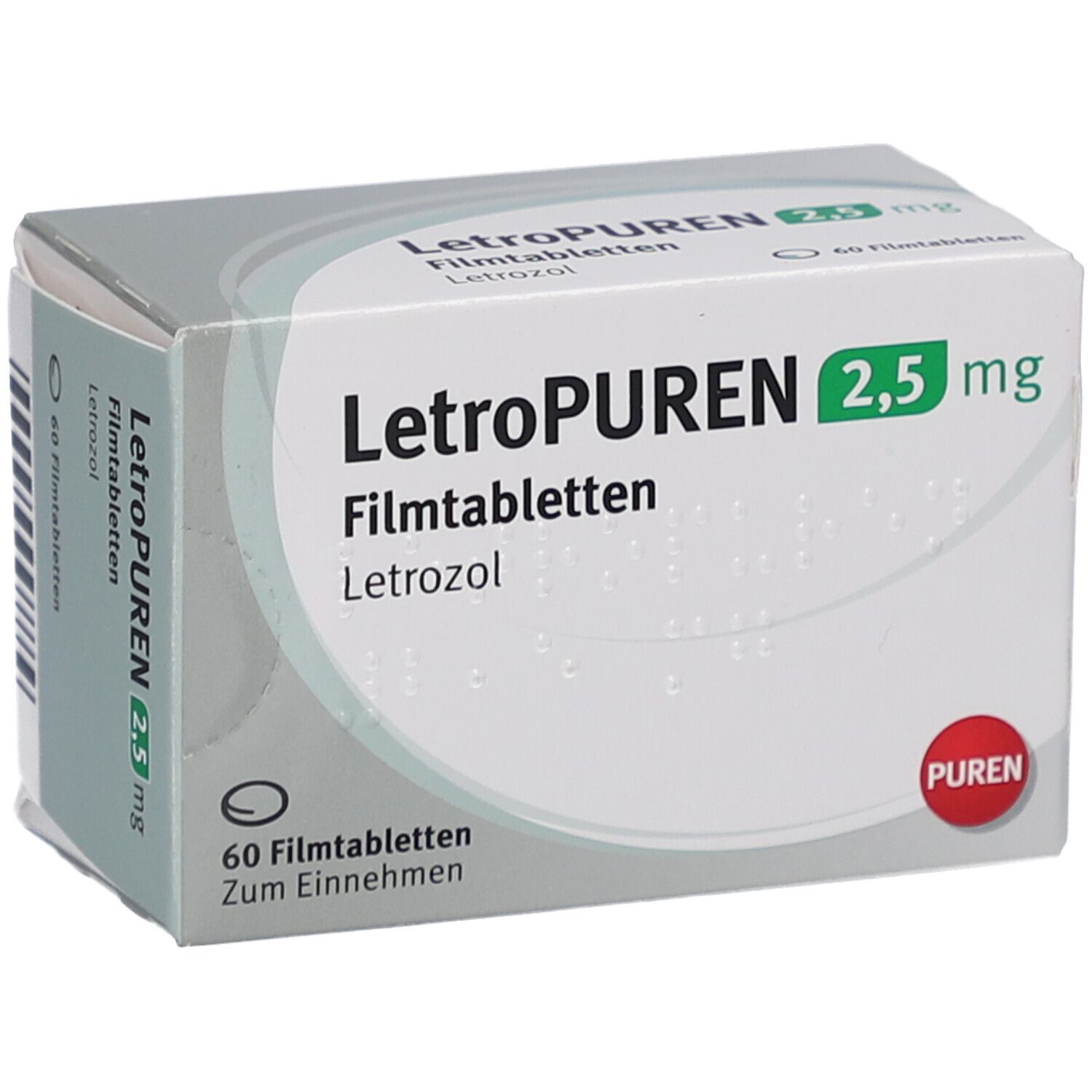 Schachtel LETROPUREN 2,5 mg Filmtabletten. Seitenansicht mit Produktnamen, Dosierung und Packungsinhalt: 60 Filmtabletten.