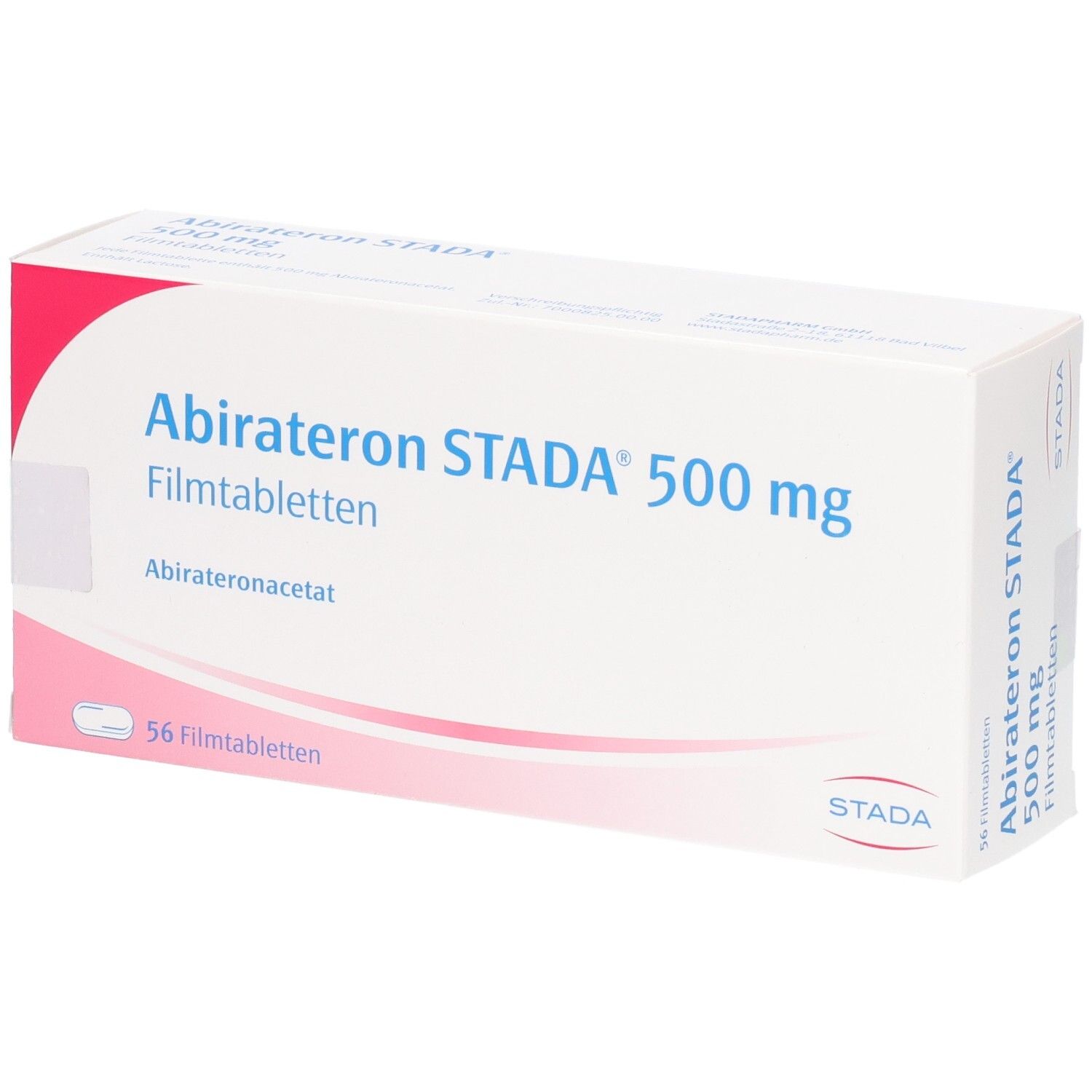 Weiße Faltschachtel mit Aufschrift Abirateron STADA 500 mg Filmtabletten. Enthält 56 Filmtabletten. Marke STADA.