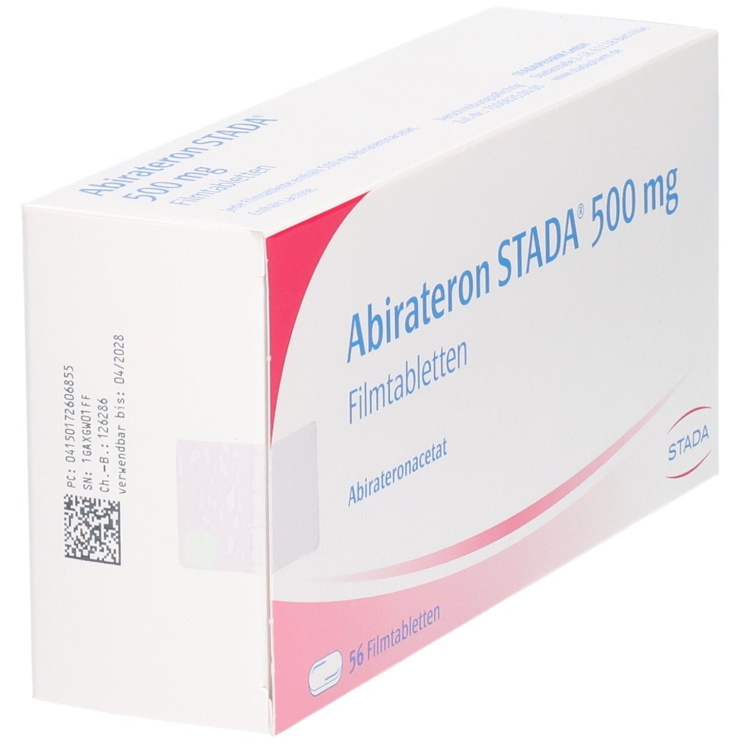 Weiße Faltschachtel mit Aufschrift Abirateron STADA 500 mg Filmtabletten. Enthält 56 Filmtabletten. Marke STADA. QR-Code und Verfallsdatum.