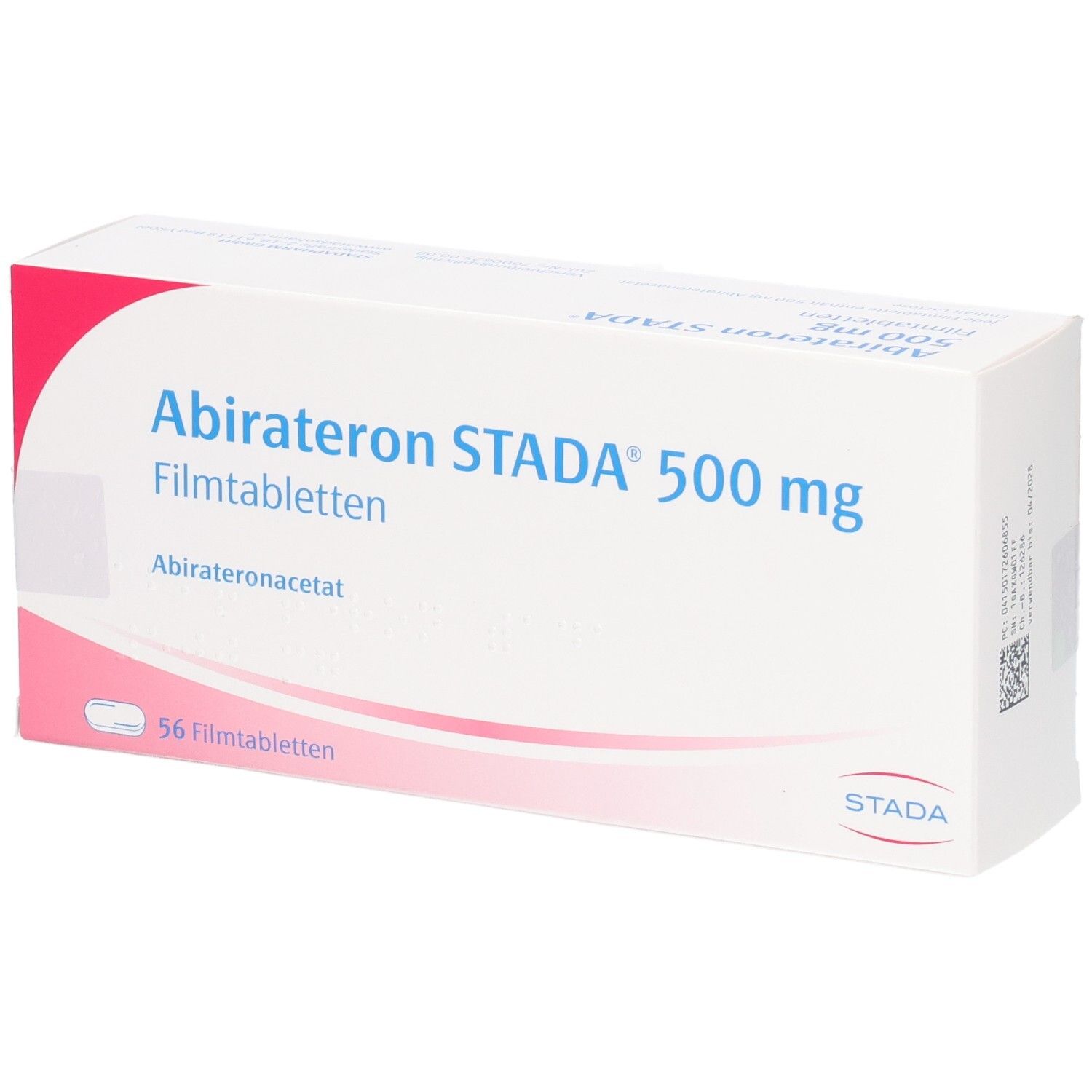 Weiße Faltschachtel mit Aufschrift Abirateron STADA 500 mg Filmtabletten. Enthält 56 Filmtabletten. Marke STADA.