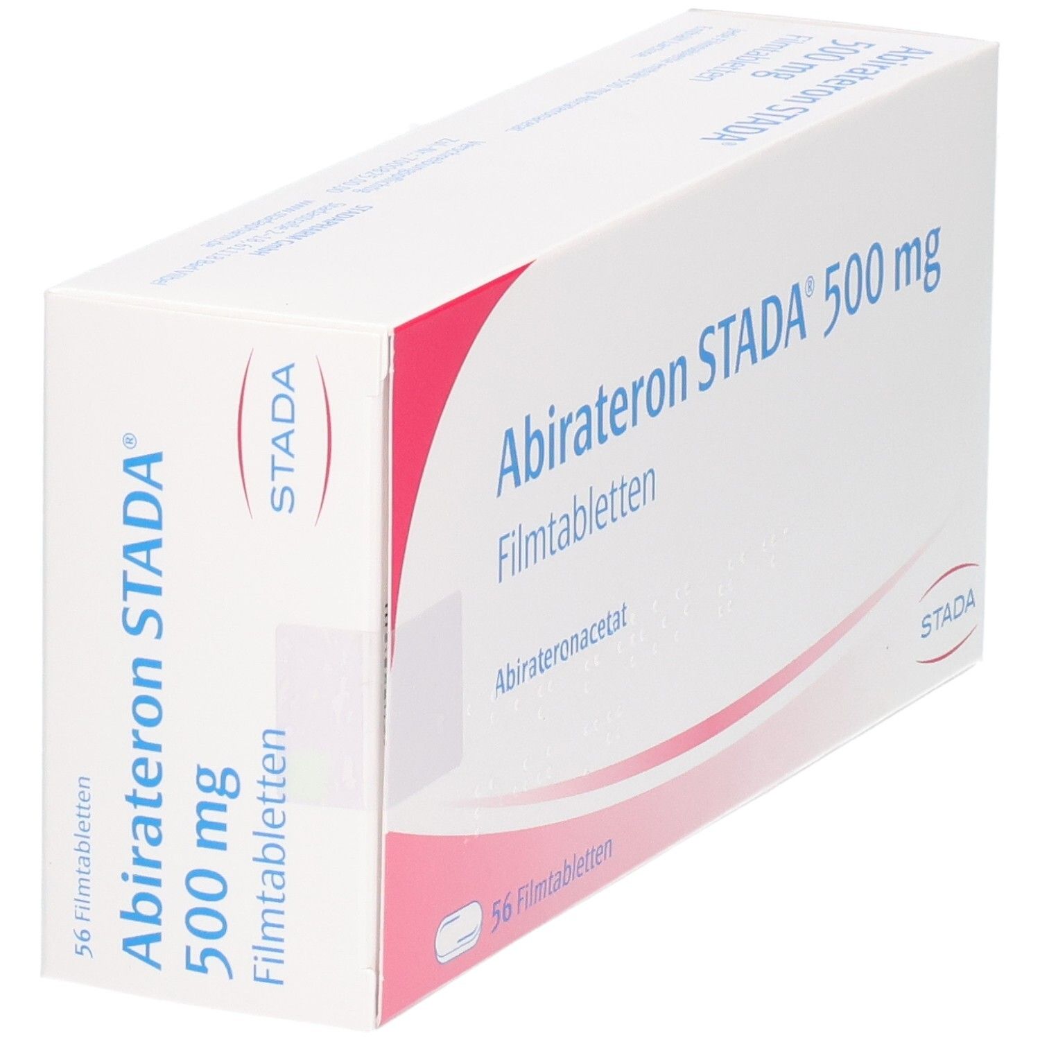 Weiße Faltschachtel mit Aufschrift Abirateron STADA 500 mg Filmtabletten. Enthält 56 Filmtabletten. Marke STADA.
