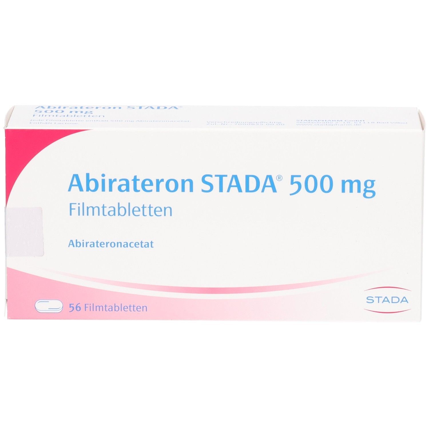 Weiße Faltschachtel mit Aufschrift Abirateron STADA 500 mg Filmtabletten. Enthält 56 Filmtabletten. Marke STADA.