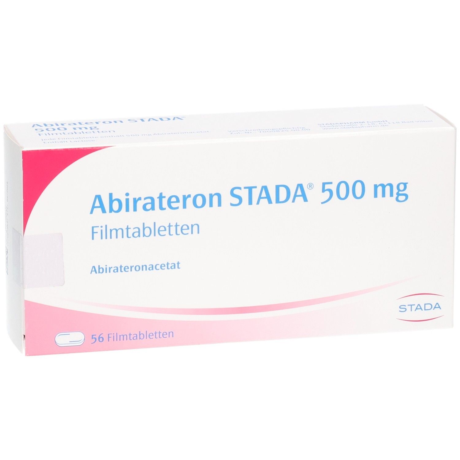Weiße Faltschachtel mit Aufschrift Abirateron STADA 500 mg Filmtabletten. Enthält 56 Filmtabletten. Marke STADA.