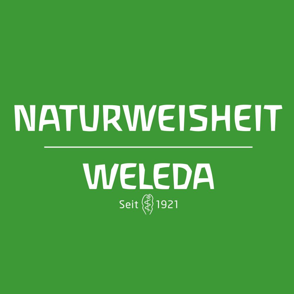 Grüner Hintergrund mit weißem Text: Naturweisheit Weleda Seit 1921.