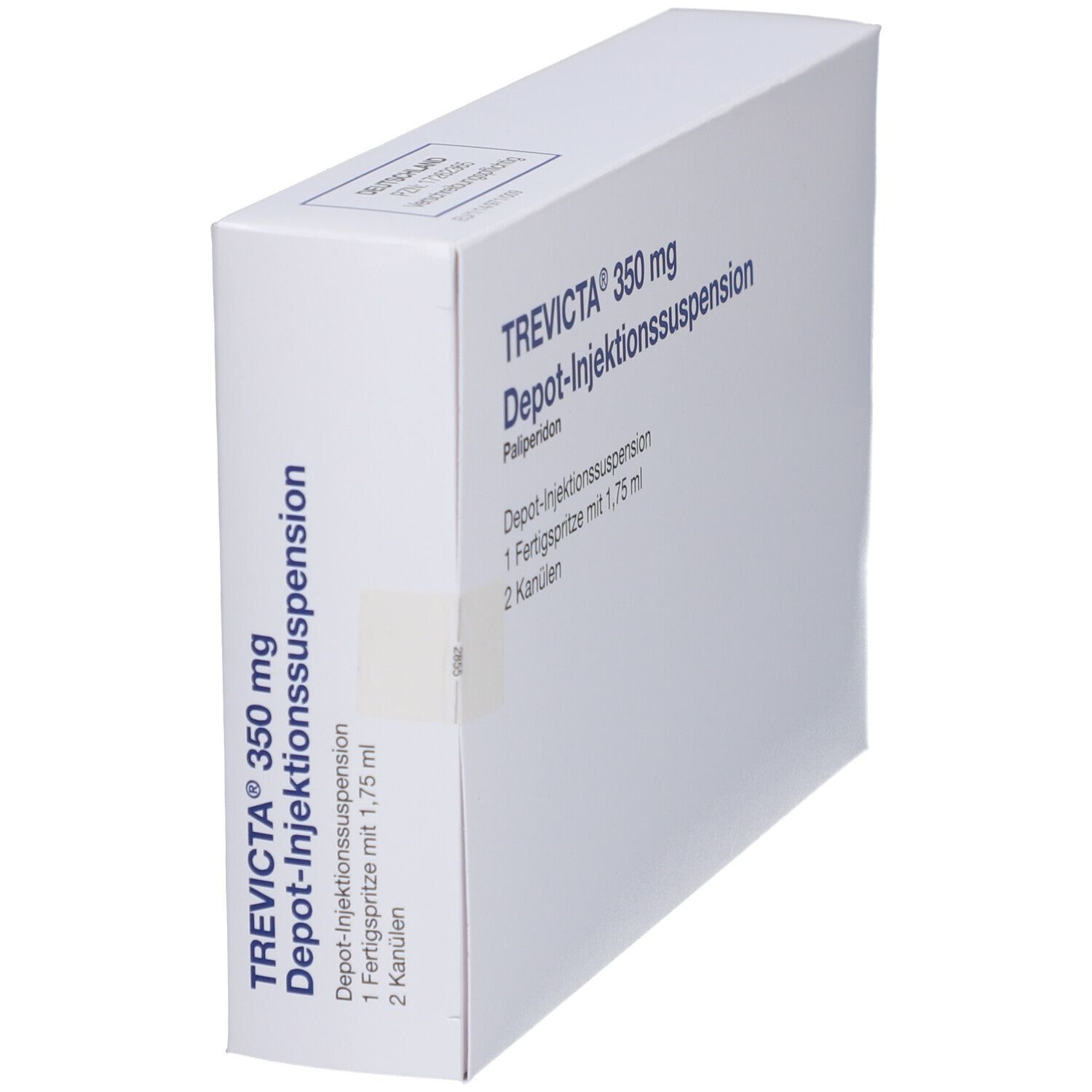Weiße Medikamentenverpackung mit blauer Schrift. Aufschrift: TREVICTA 350 mg Depot-Injektionssuspension. Ansicht schräg.