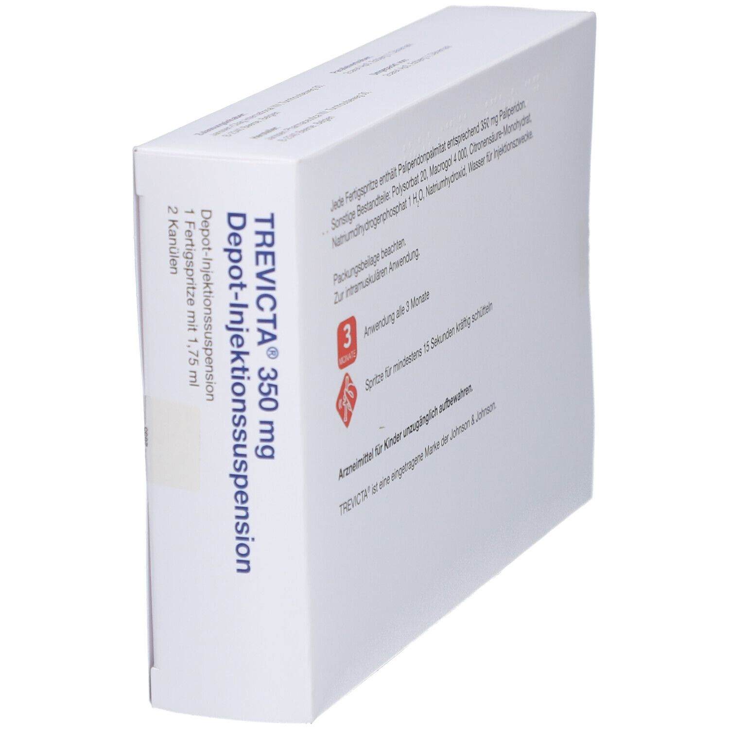 Weiße Medikamentenverpackung mit blauer Schrift. Aufschrift: TREVICTA 350 mg Depot-Injektionssuspension. Ansicht schräg.