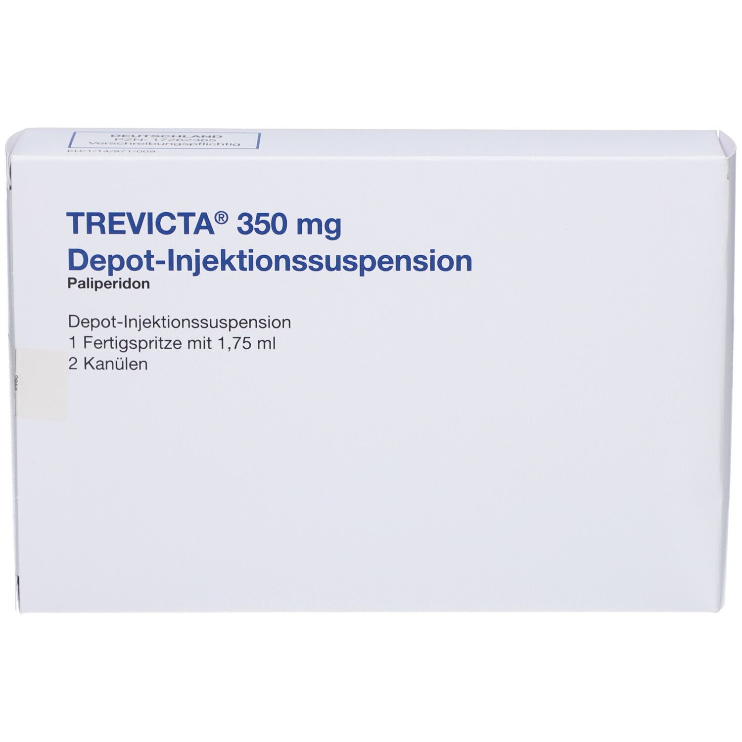 Weiße Medikamentenverpackung mit blauer Schrift. Aufschrift: TREVICTA 350 mg Depot-Injektionssuspension.