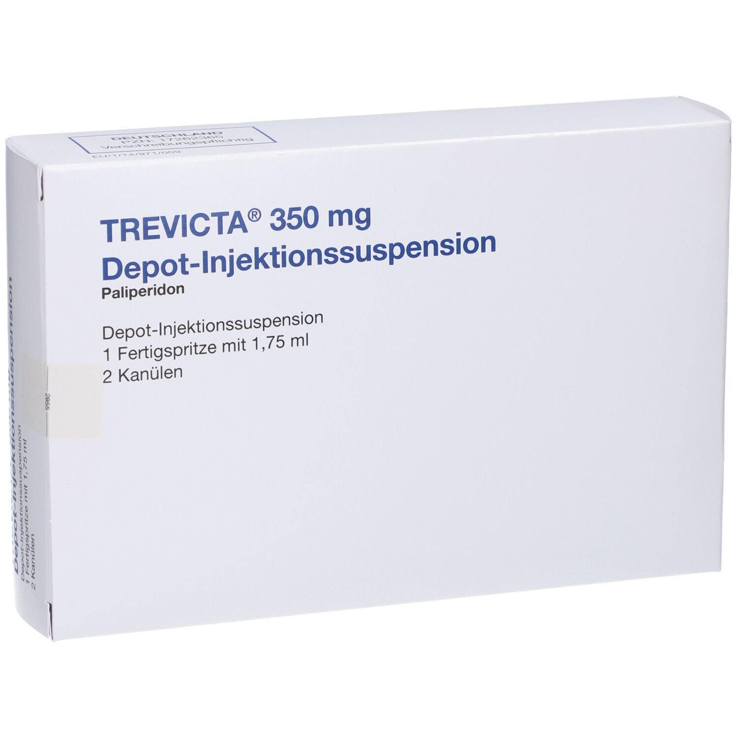 Weiße Medikamentenverpackung mit blauer Schrift. Aufschrift: TREVICTA 350 mg Depot-Injektionssuspension.