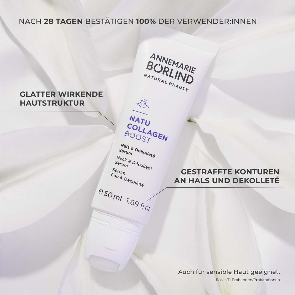 Weißer Tubenbehälter mit Produktaufdruck. Marke: ANNEMARIE BÖRLIND. Produkt: NATU COLLAGEN BOOST Hals & Dekolleté Serum.