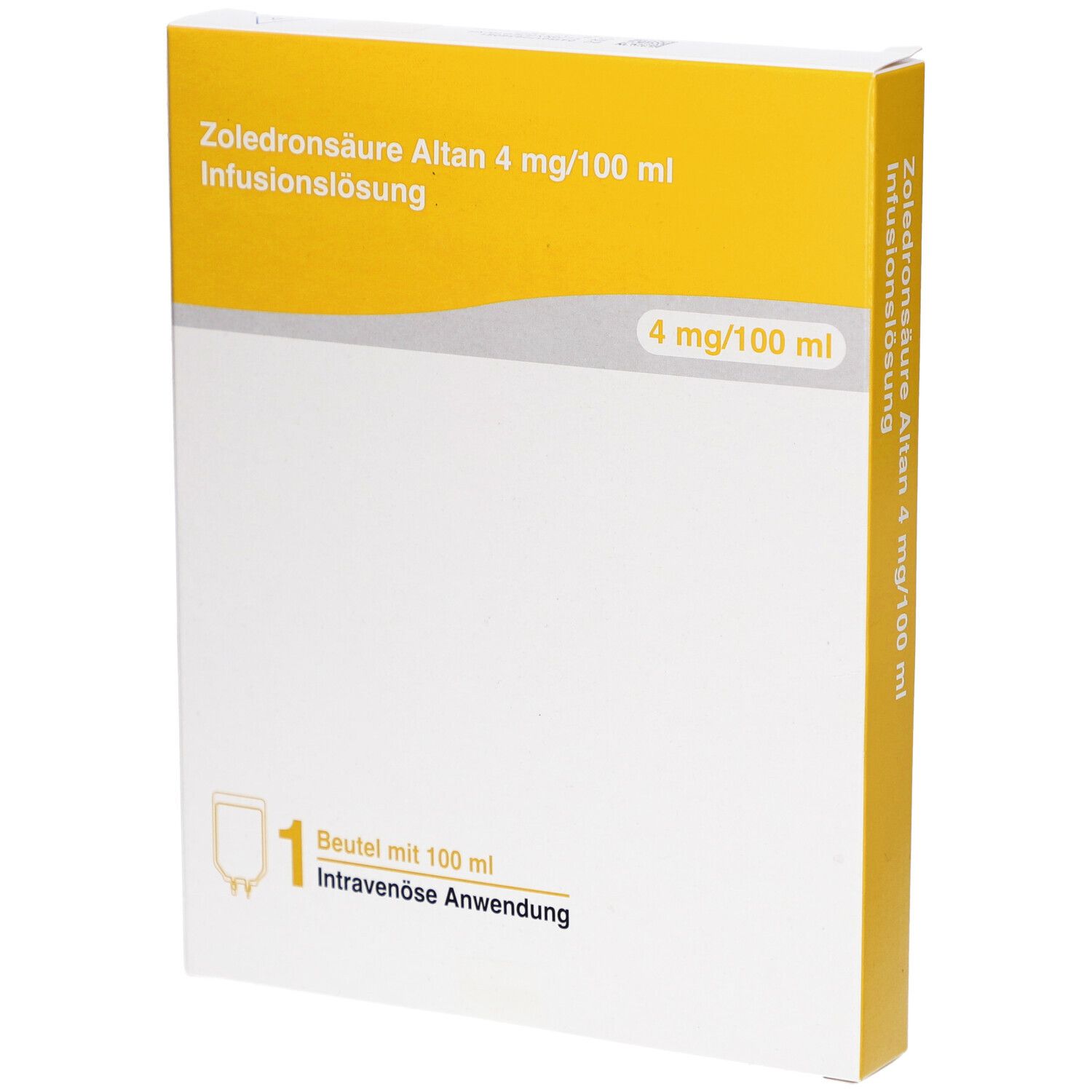 Verpackung von Zoledronsäure Altan 4 mg/100 ml Infusionslösung. Gelb-weiße Schachtel mit Produktinformationen.