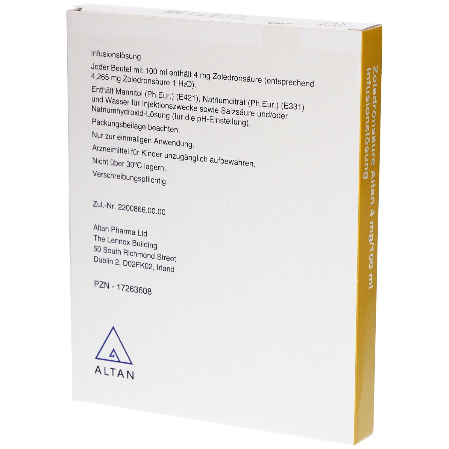 Rückseite der Verpackung von Zoledronsäure Altan 4 mg/100 ml Infusionslösung. Textinformationen auf weißem Grund.