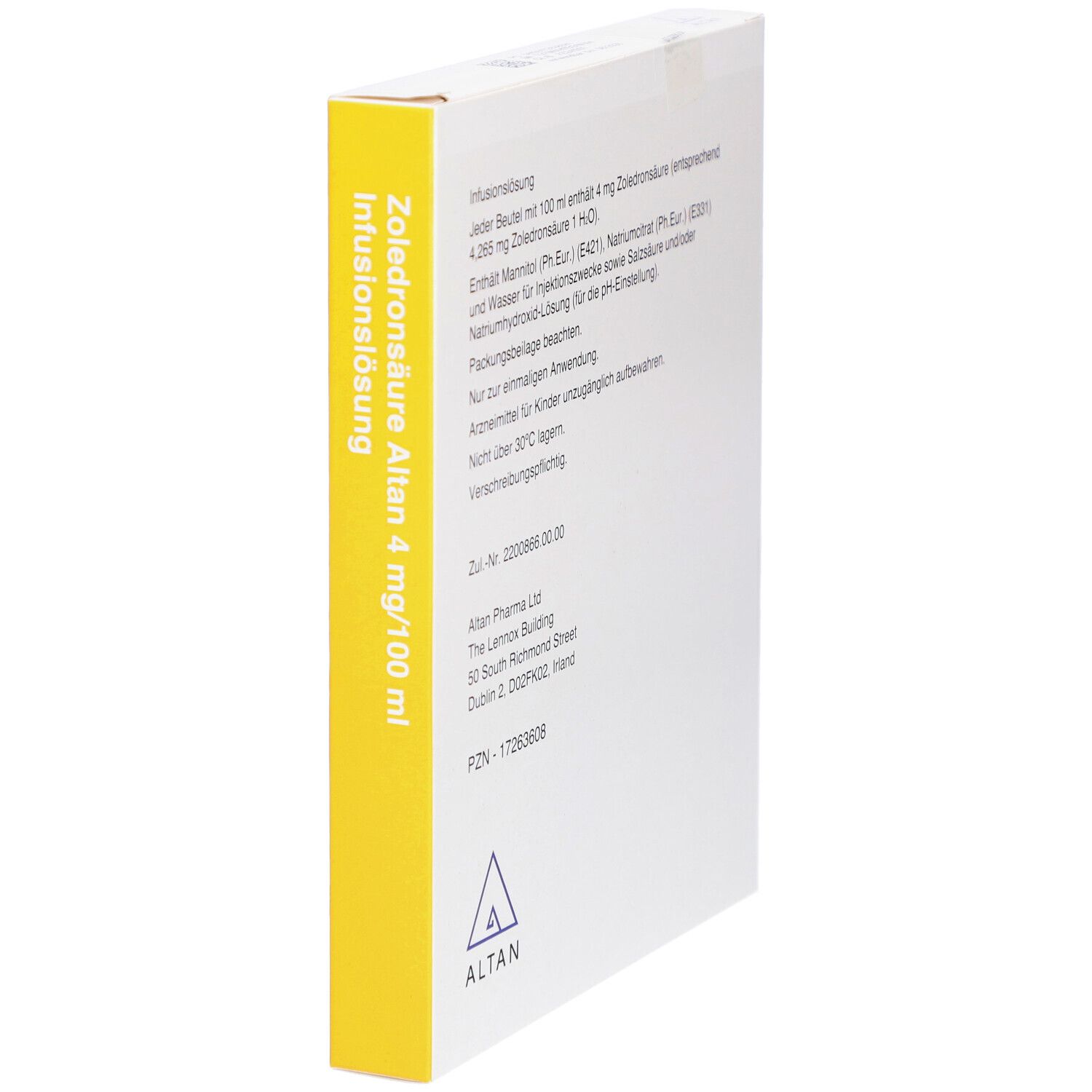 Seitenansicht der Verpackung von Zoledronsäure Altan 4 mg/100 ml Infusionslösung. Textinformationen auf gelbem Grund.