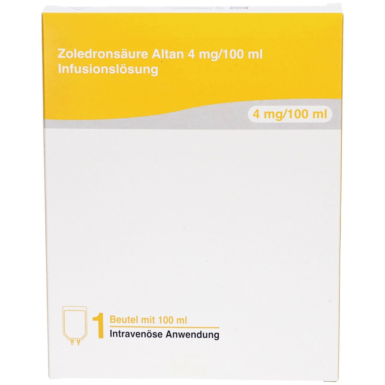 Vorderseite der Verpackung von Zoledronsäure Altan 4 mg/100 ml Infusionslösung. Gelb-weiße Schachtel mit Text.