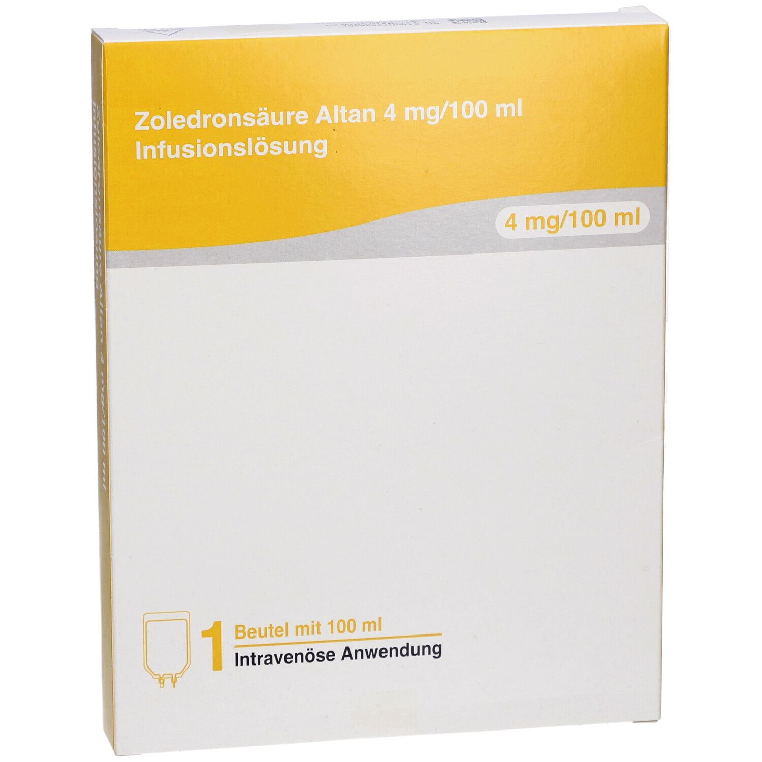 Vorderseite der Verpackung von Zoledronsäure Altan 4 mg/100 ml Infusionslösung. Gelb-weiße Schachtel mit Text.