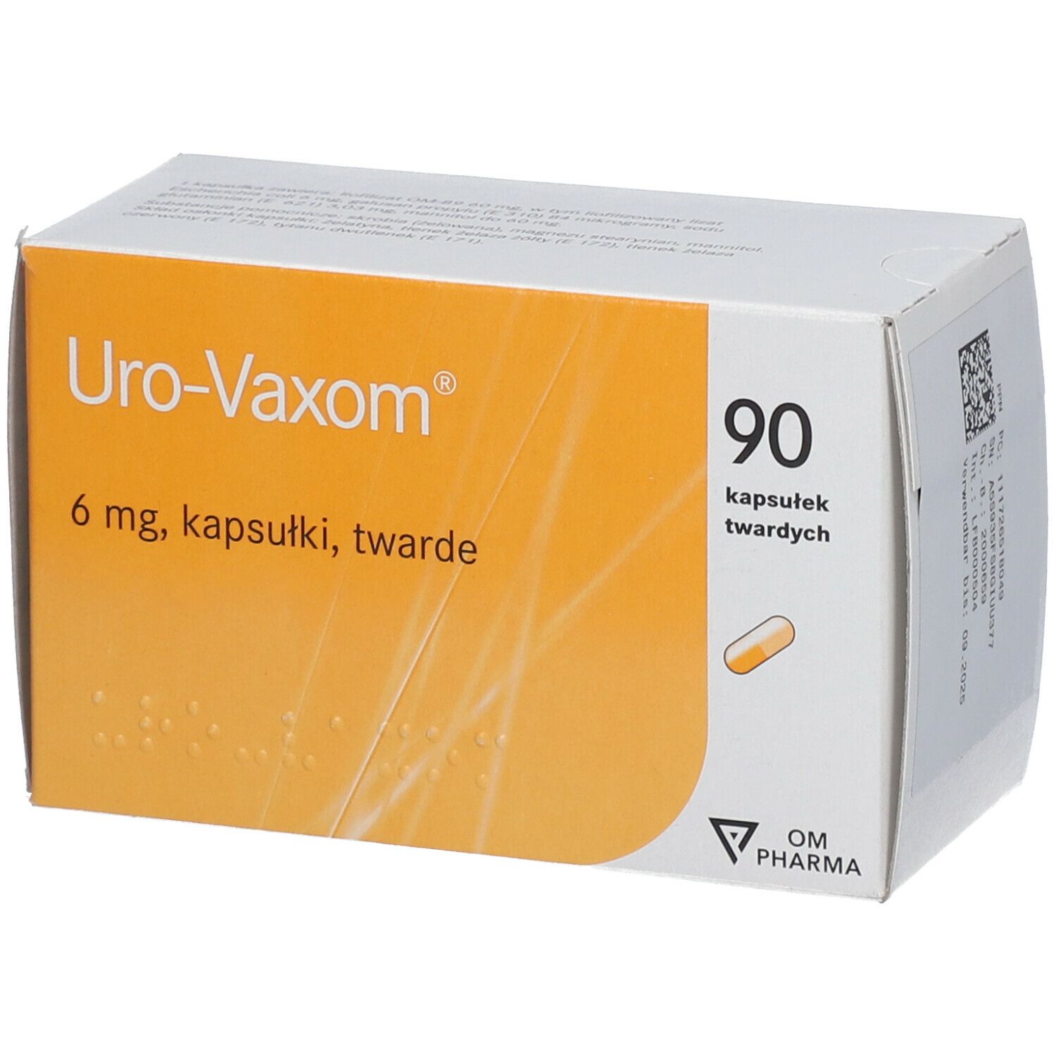 Schachtel mit Uro-Vaxom 6 mg, 90 Hartkapseln. Orangefarbener Bereich mit Produktnamen und Kapsel-Illustration.