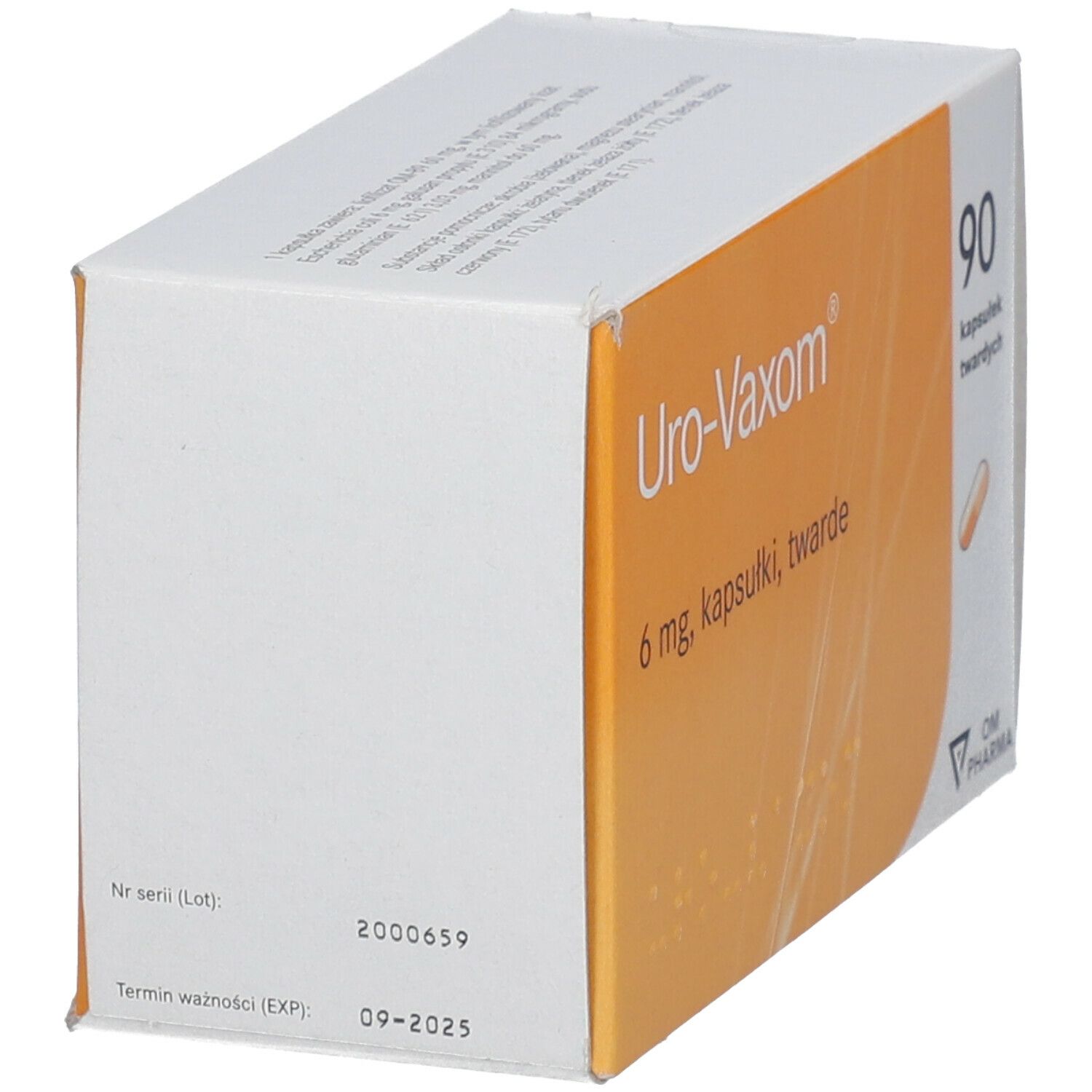 Schachtel Uro-Vaxom 6 mg, 90 Kapseln. Seitenansicht mit Text und Haltbarkeitsdatum 09-2025.
