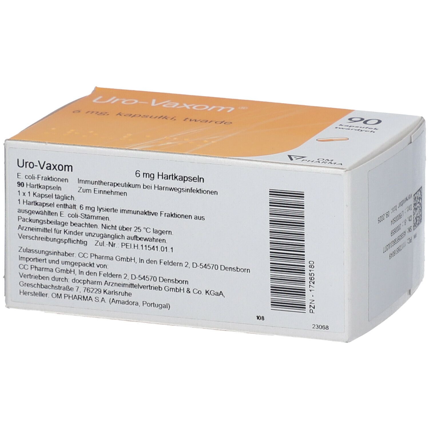 Schachtel Uro-Vaxom 6 mg, 90 Hartkapseln. Rückseite mit Produktinformationen und Herstellerangaben.