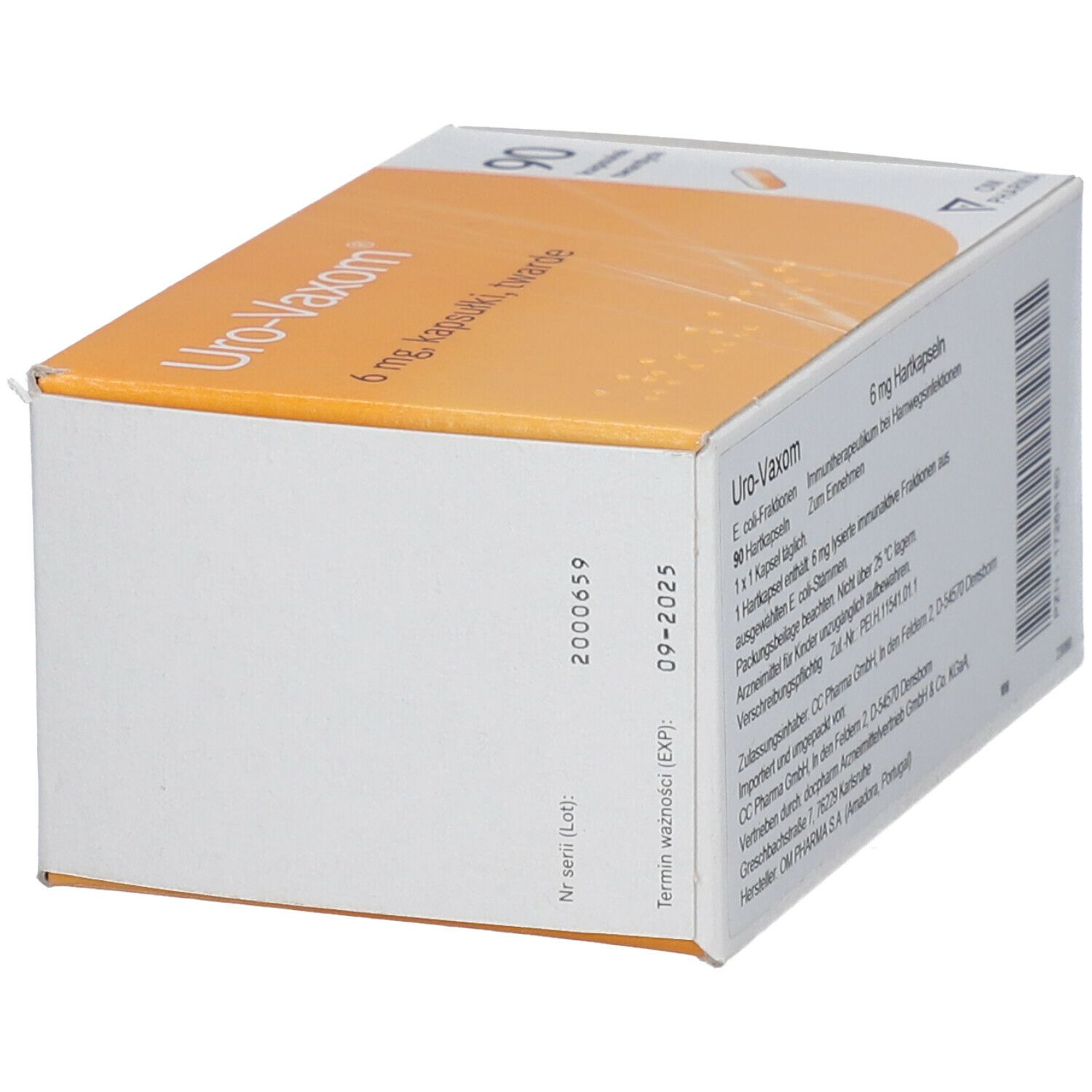 Schachtel Uro-Vaxom 6 mg, 90 Hartkapseln. Seitenansicht mit Text und Haltbarkeitsdatum 09-2025.