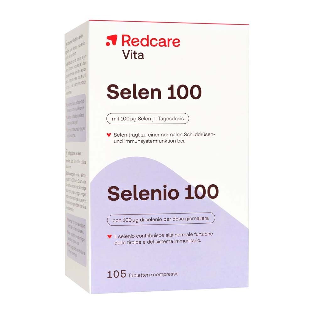 Schachtel mit Redcare Vita Selen 100. Aufschrift Selen 100, darunter Selenio 100. 105 Tabletten.
