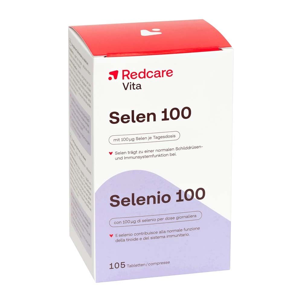 Schachtel mit Redcare Vita Selen 100. Aufschrift Selen 100, darunter Selenio 100. 105 Tabletten.