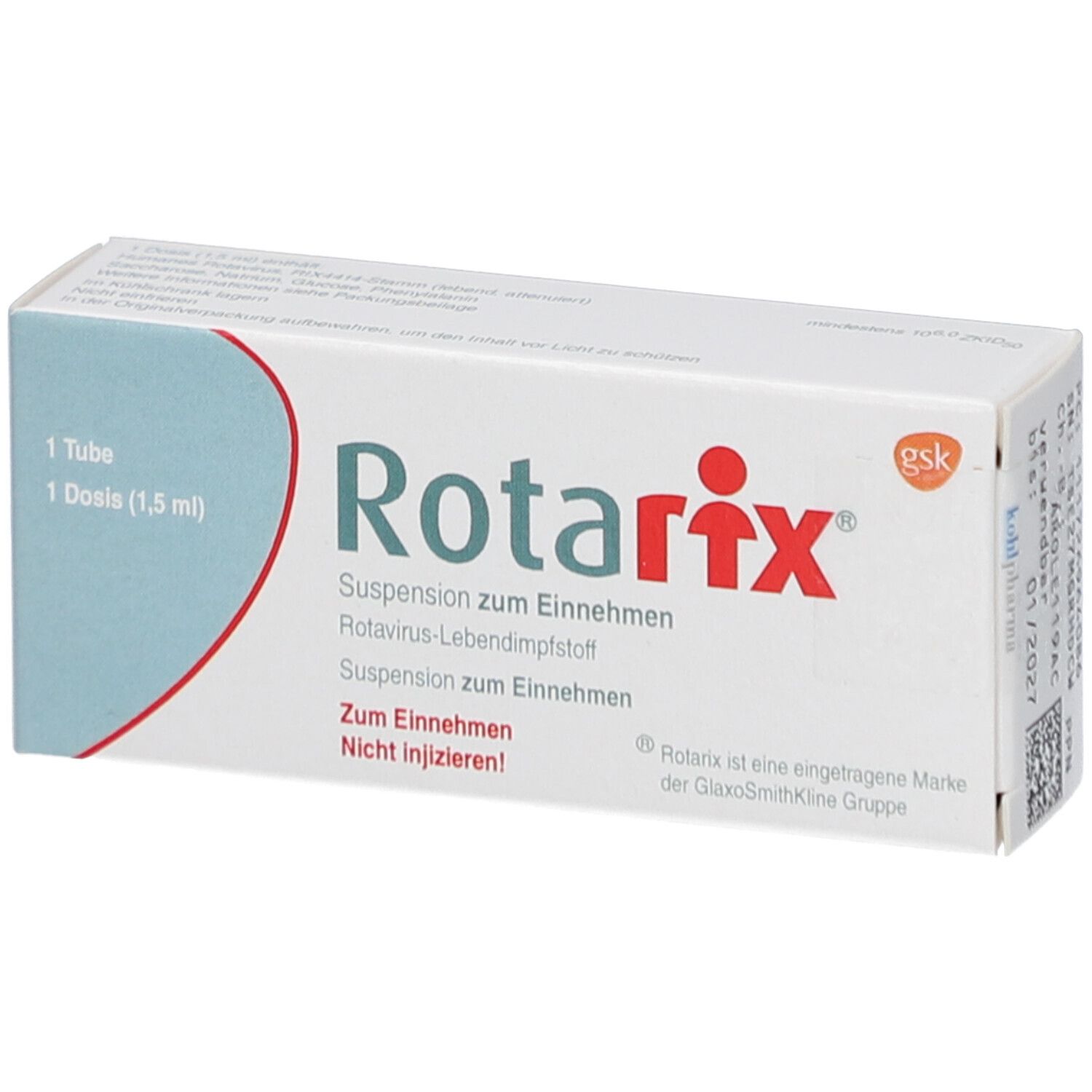 Weiße Faltschachtel mit roter und blauer Schrift. Aufschrift: Rotarix, Suspension zum Einnehmen. 1 Tube, 1 Dosis (1,5 ml).