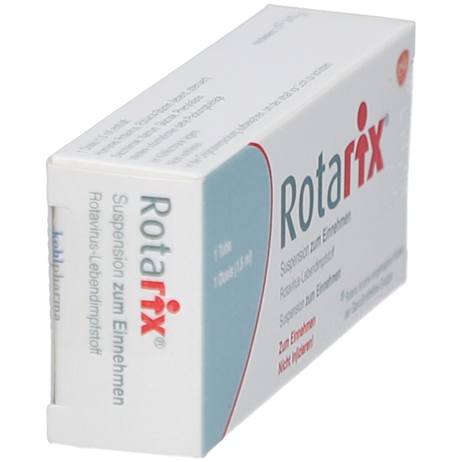 Schräg gestellte weiße Faltschachtel. Aufschrift: Rotarix, Suspension zum Einnehmen. 1 Tube, 1 Dosis (1,5 ml).