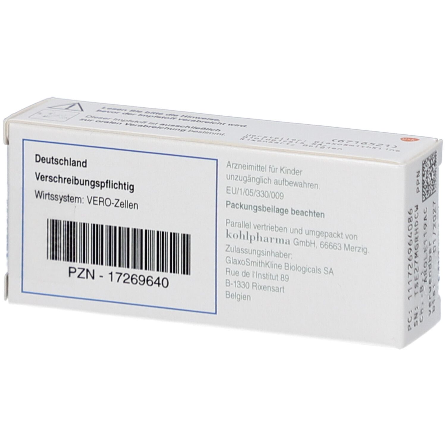 Rückseite einer weißen Faltschachtel. Text: Deutschland, Verschreibungspflichtig, Wirtssystem: VERO-Zellen. PZN-17269640.