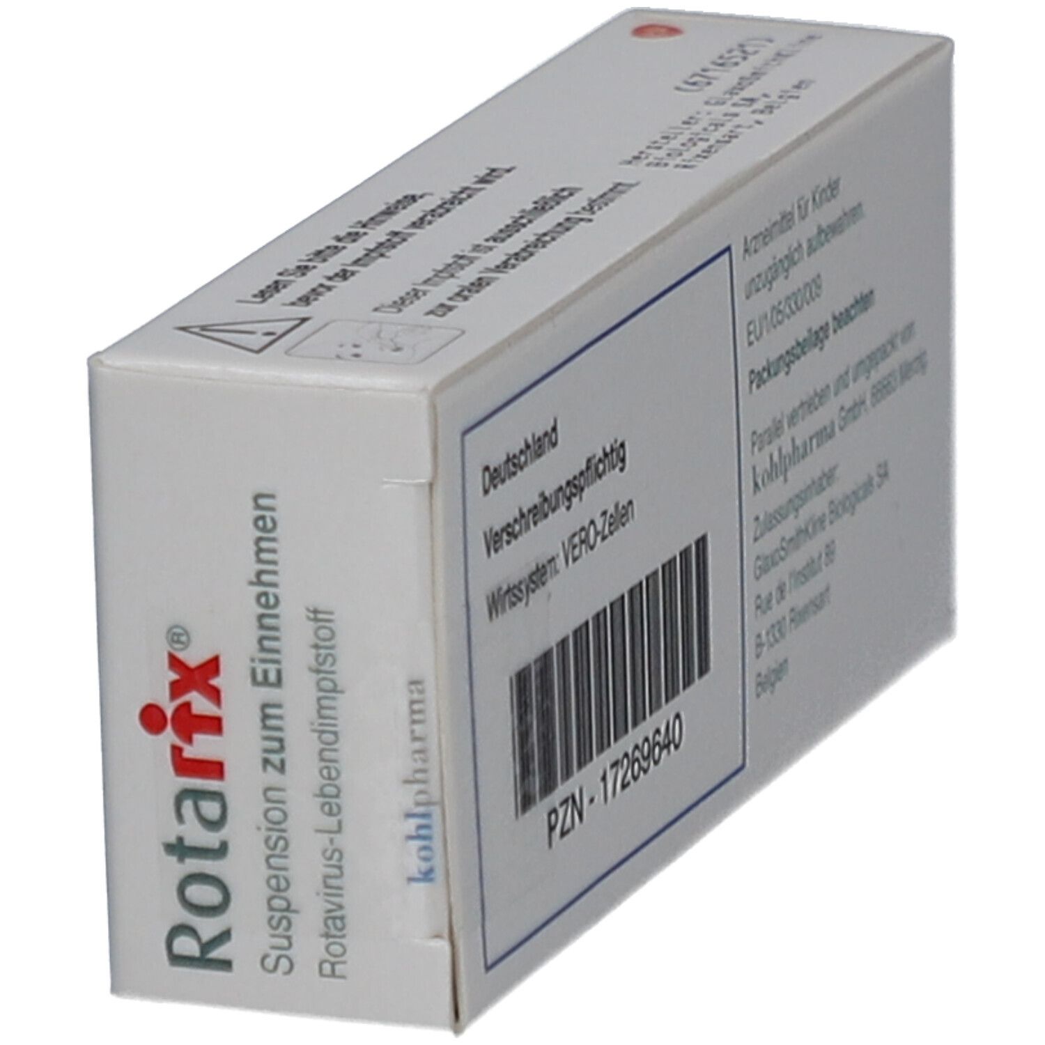 Schräg gestellte weiße Faltschachtel. Aufschrift: Rotarix, Suspension zum Einnehmen. PZN-17269640.