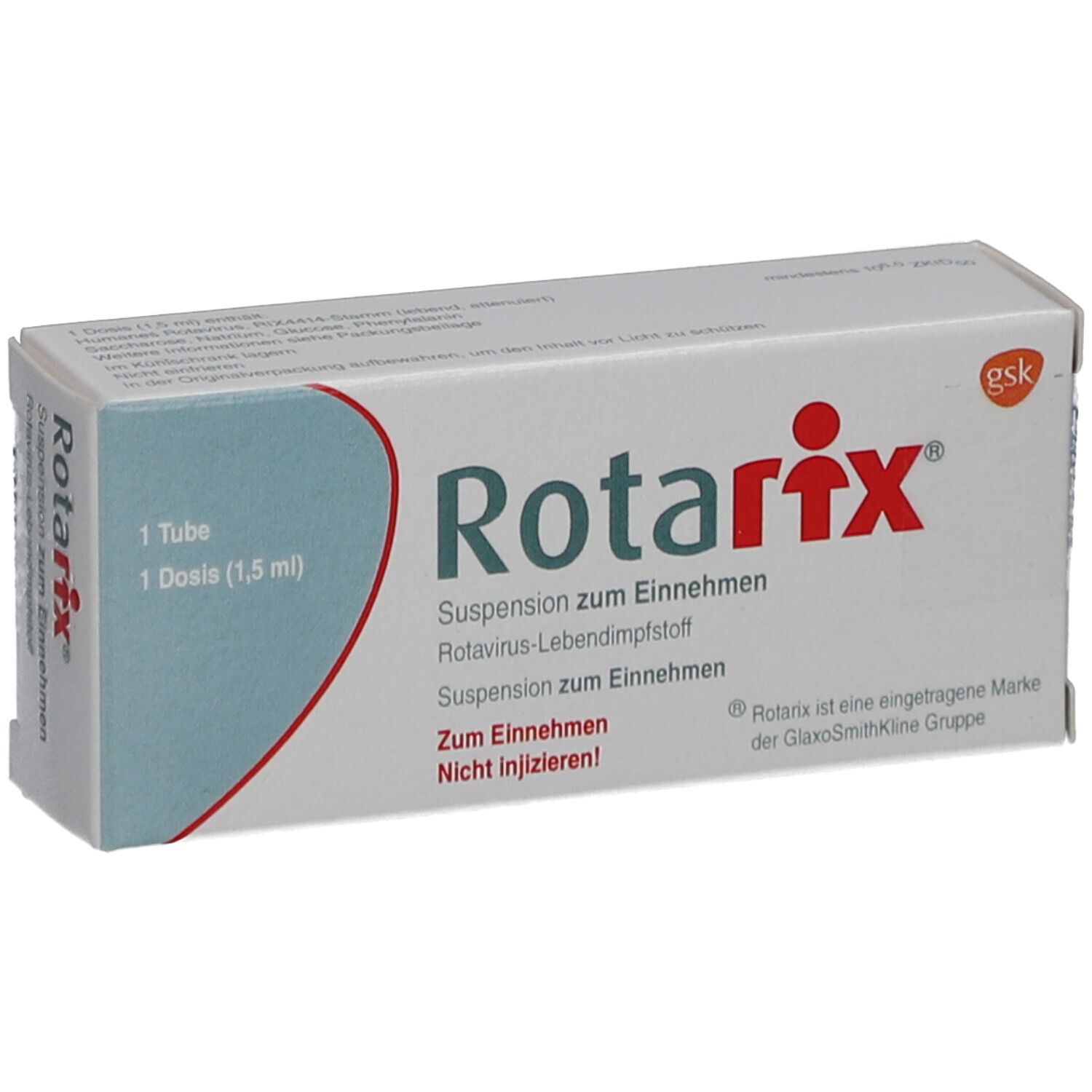 Weiße Faltschachtel mit roter und blauer Schrift. Aufschrift: Rotarix, Suspension zum Einnehmen. 1 Tube, 1 Dosis (1,5 ml).