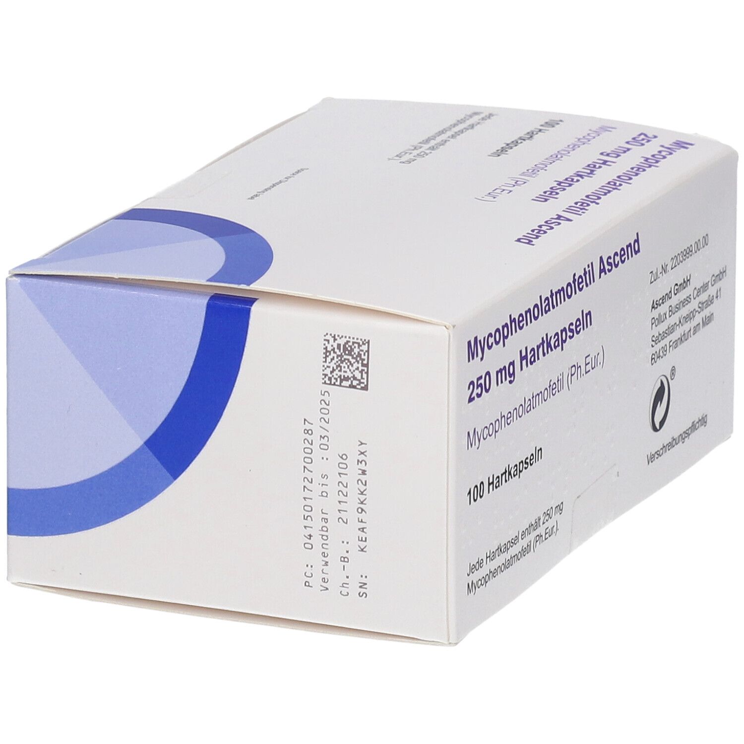 Packung mit 100 Hartkapseln Mycophenolatmofetil Ascend 250 mg.