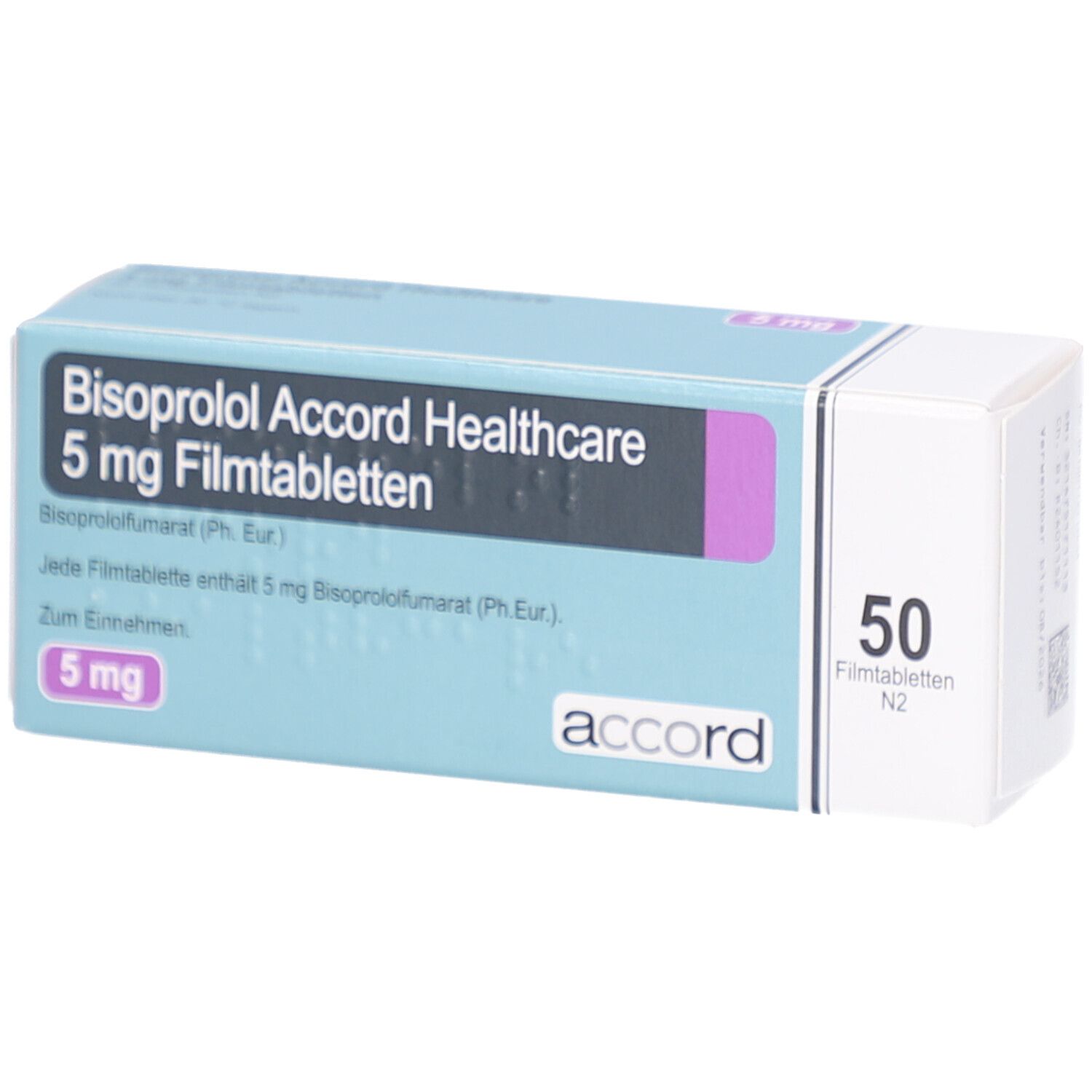 Schachtel mit Aufschrift "Bisoprolol Accord Healthcare 5 mg Filmtabletten". Enthält 50 Tabletten. Marke "accord".