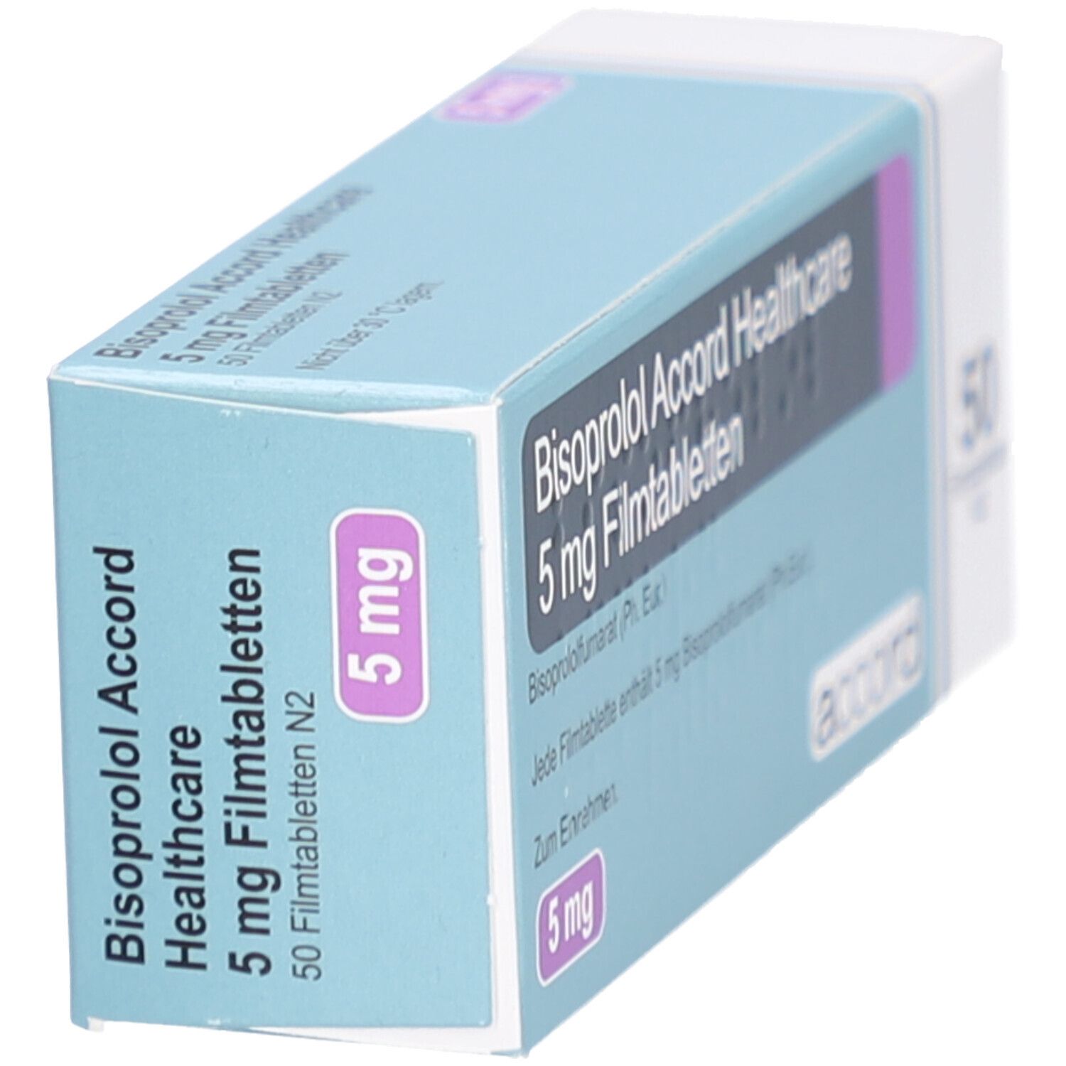 Schachtel "Bisoprolol Accord Healthcare 5 mg Filmtabletten". Aufschrift: 5 mg, 50 Filmtabletten. Marke "accord".