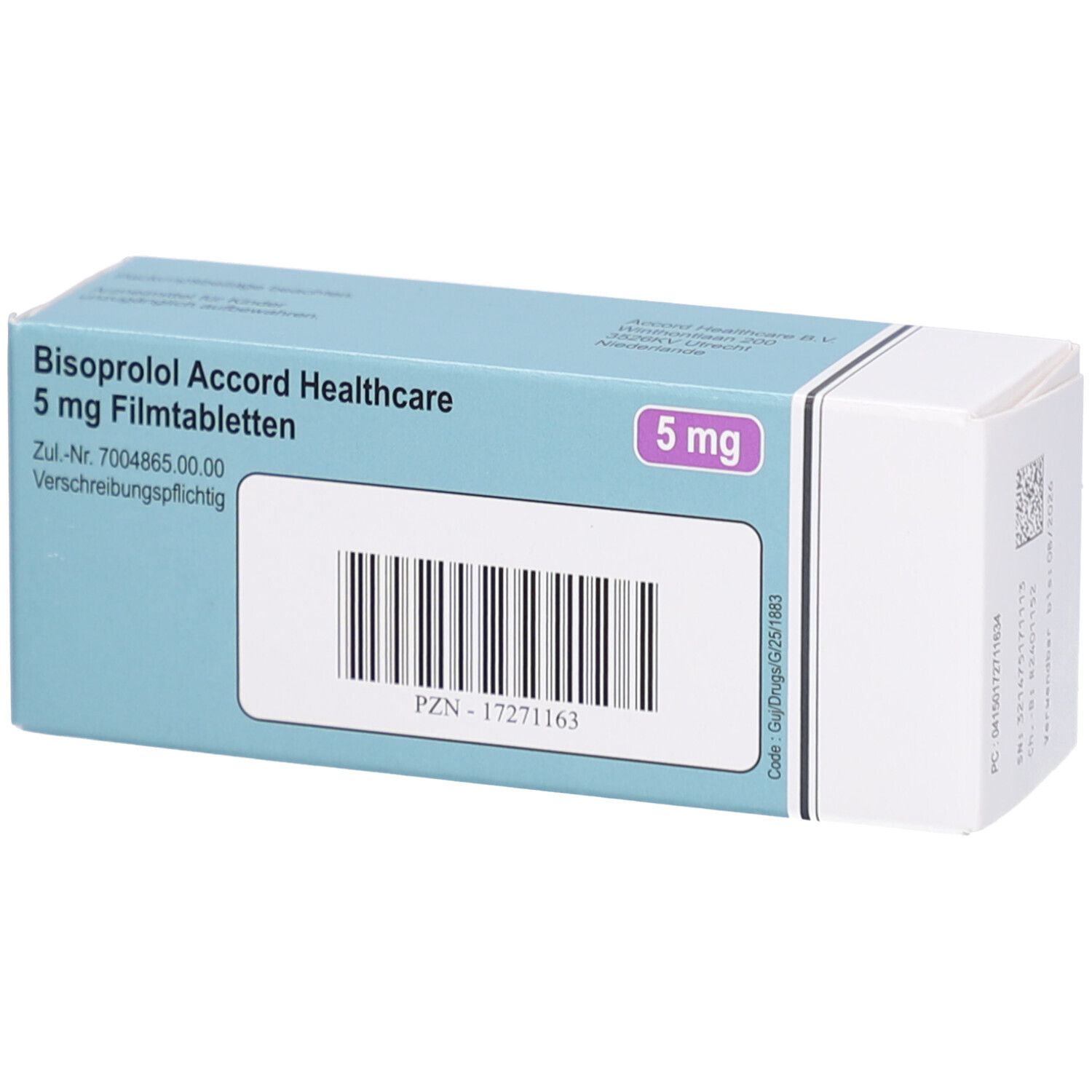 Schachtel "Bisoprolol Accord Healthcare 5 mg Filmtabletten". Aufschrift: 5 mg. Enthält Barcode und PZN-17271163.