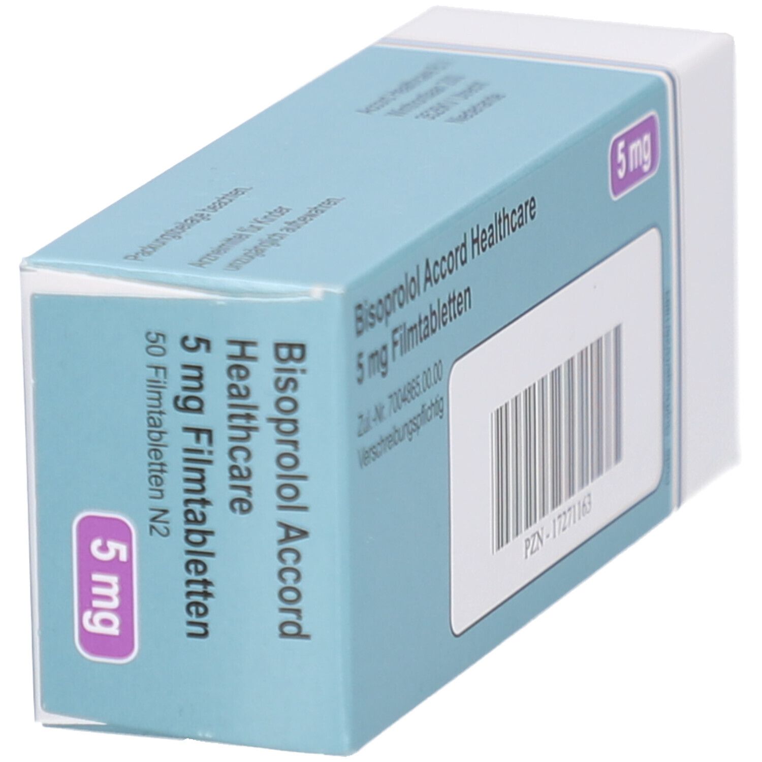 Schachtel "Bisoprolol Accord Healthcare 5 mg Filmtabletten". Aufschrift: 5 mg, 50 Filmtabletten. Enthält Barcode.