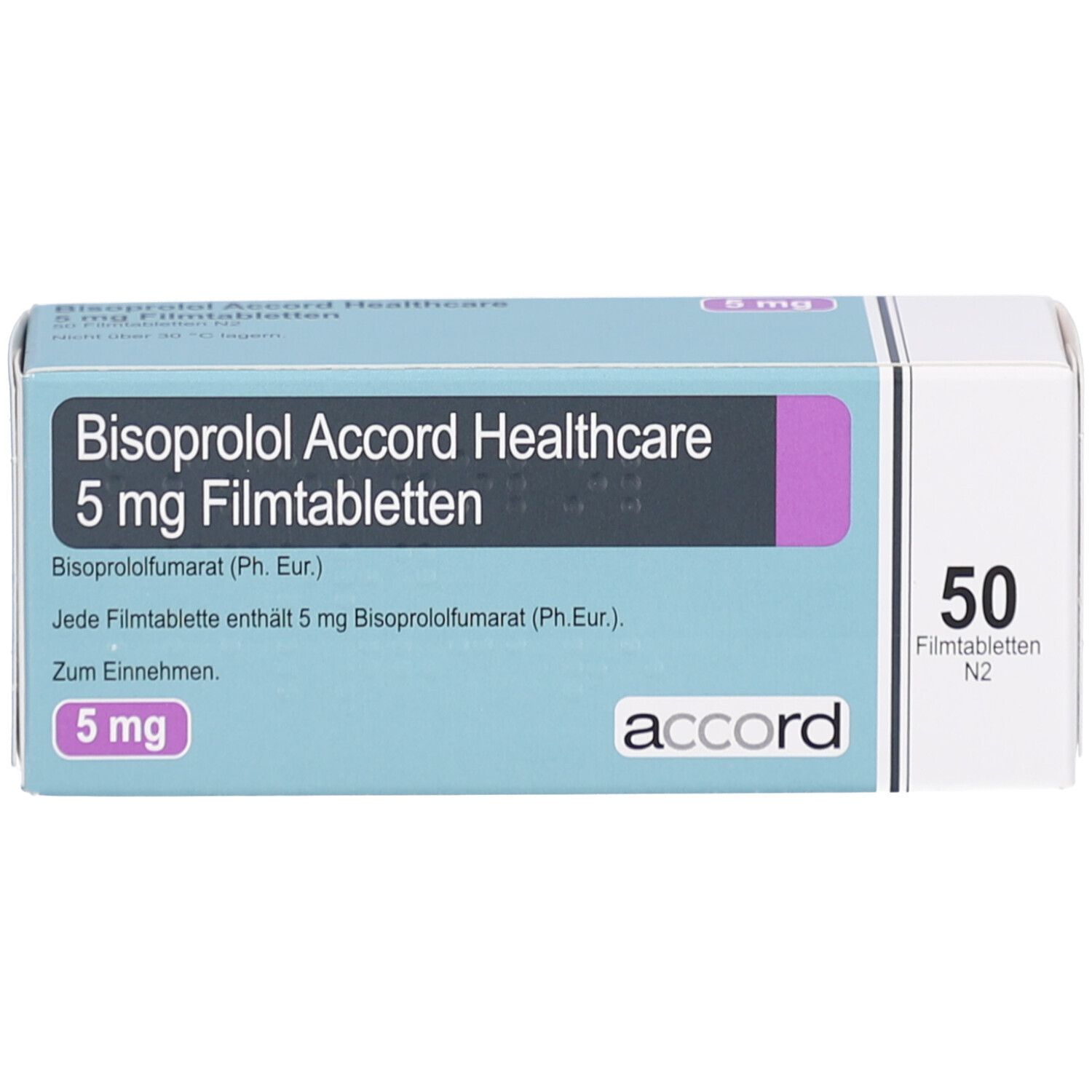 Schachtel "Bisoprolol Accord Healthcare 5 mg Filmtabletten". Enthält 50 Tabletten. Aufschrift: 5 mg. Marke "accord".