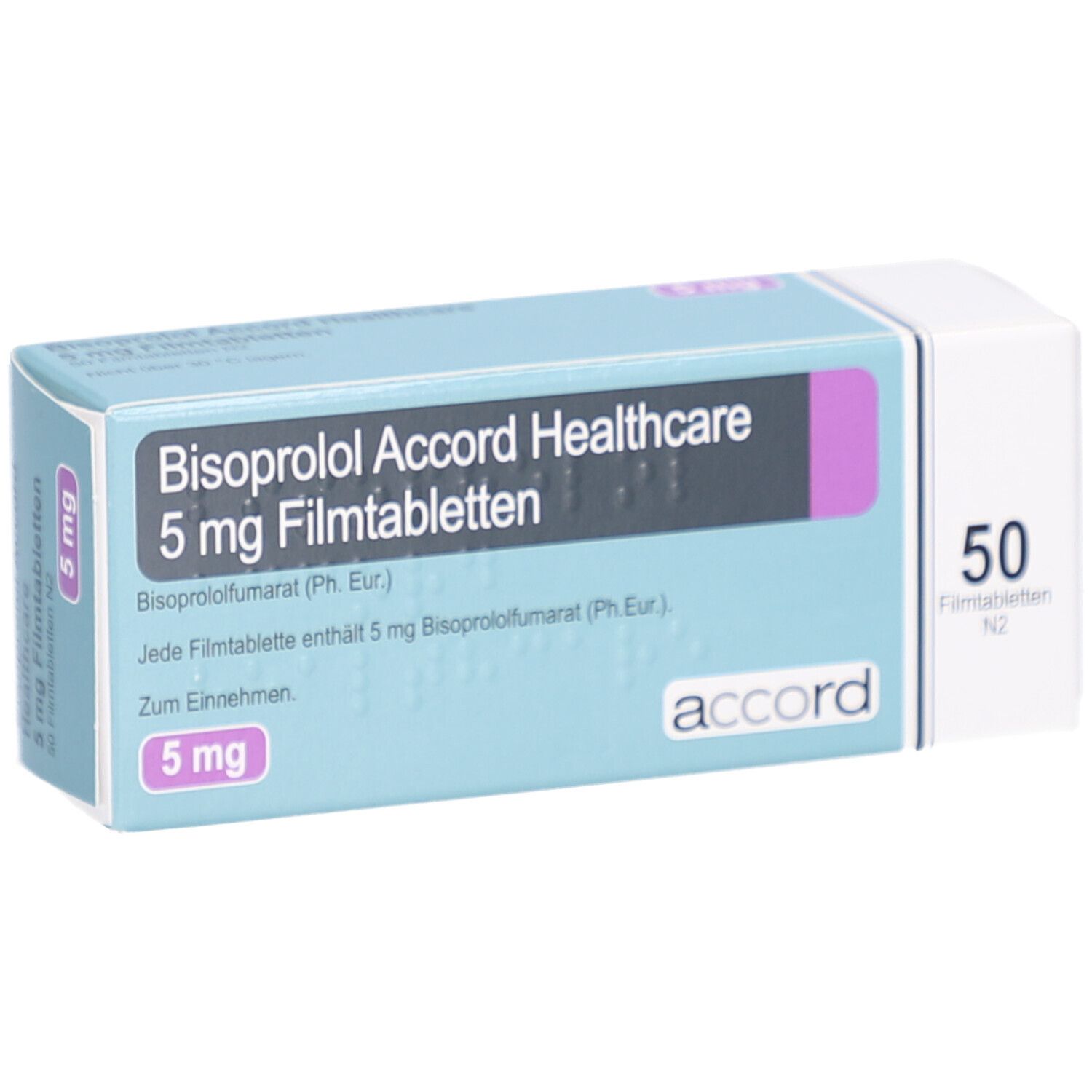 Schachtel "Bisoprolol Accord Healthcare 5 mg Filmtabletten". Enthält 50 Tabletten. Aufschrift: 5 mg. Marke "accord".